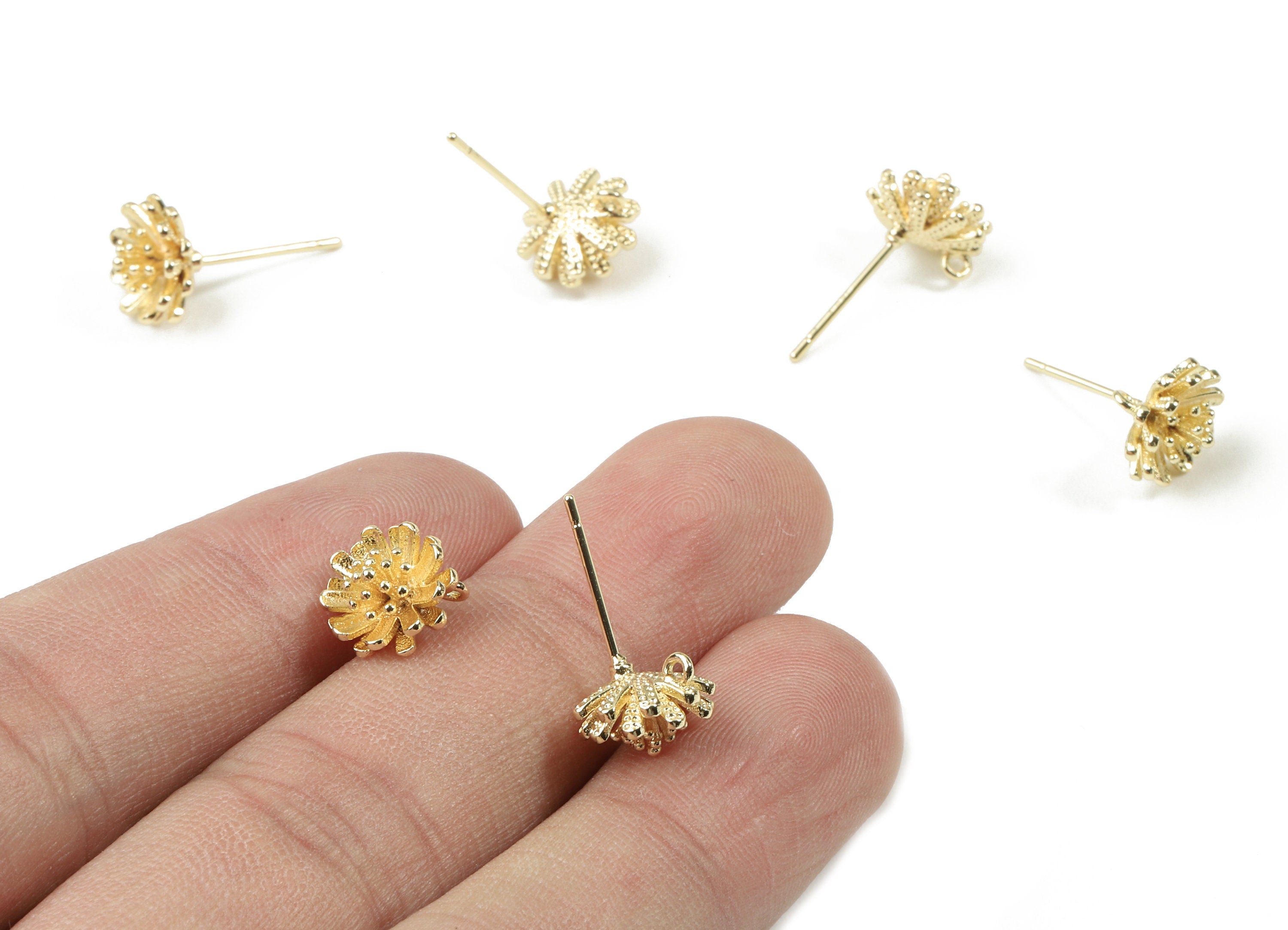 Brass Water Lily Earring Stud With Loop - Gold Flower Earring Post - 18K Real Gold Plated Brass - Surgical Stud - 9.95x9.95x0.86mm - RGP2546 - DOMEDBAZAAR