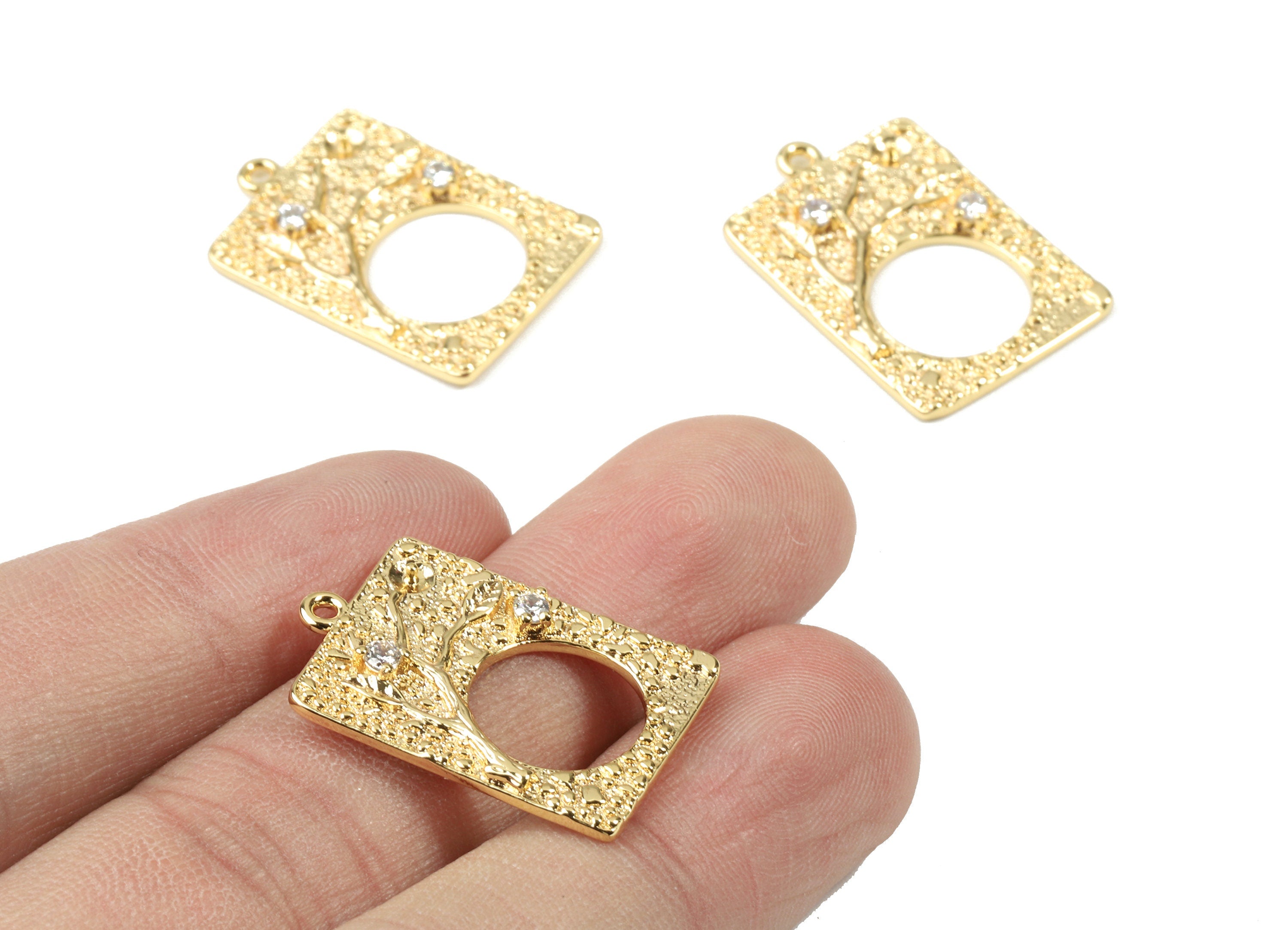 Brass Rectangle Earring Charms With Zincon - Gold Rectangle Flower Pendant - 18K Real Gold Plated Brass - 25.15x17.16x2.62mm - RGP2542 - DOMEDBAZAAR