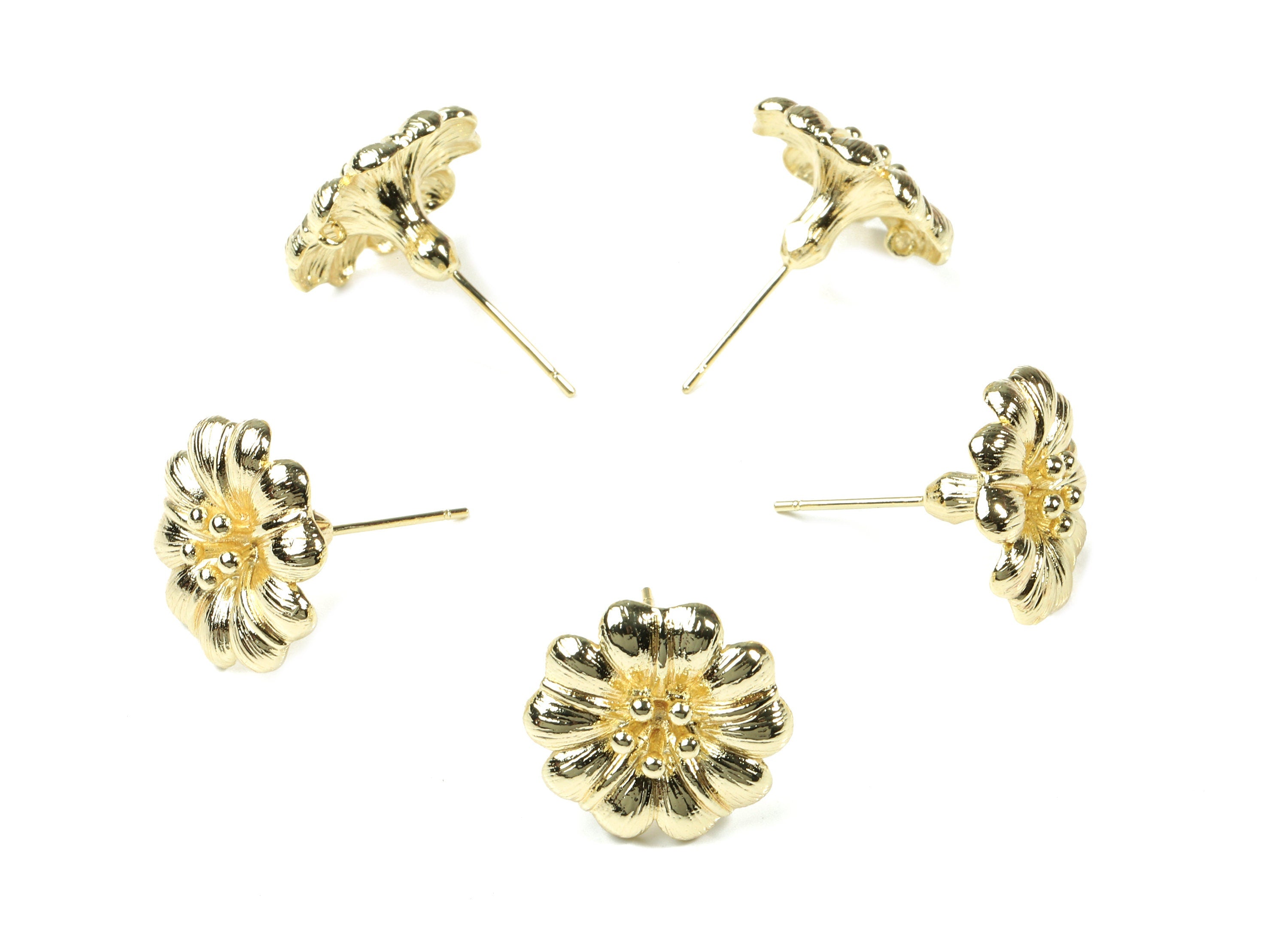 Brass Flower Earring Stud With Loop - Gold Flower Earring Post - 18K Real Gold Plated Brass - Surgical Stud - 16.77x16.77x1.51mm - RGP2579 - DOMEDBAZAAR