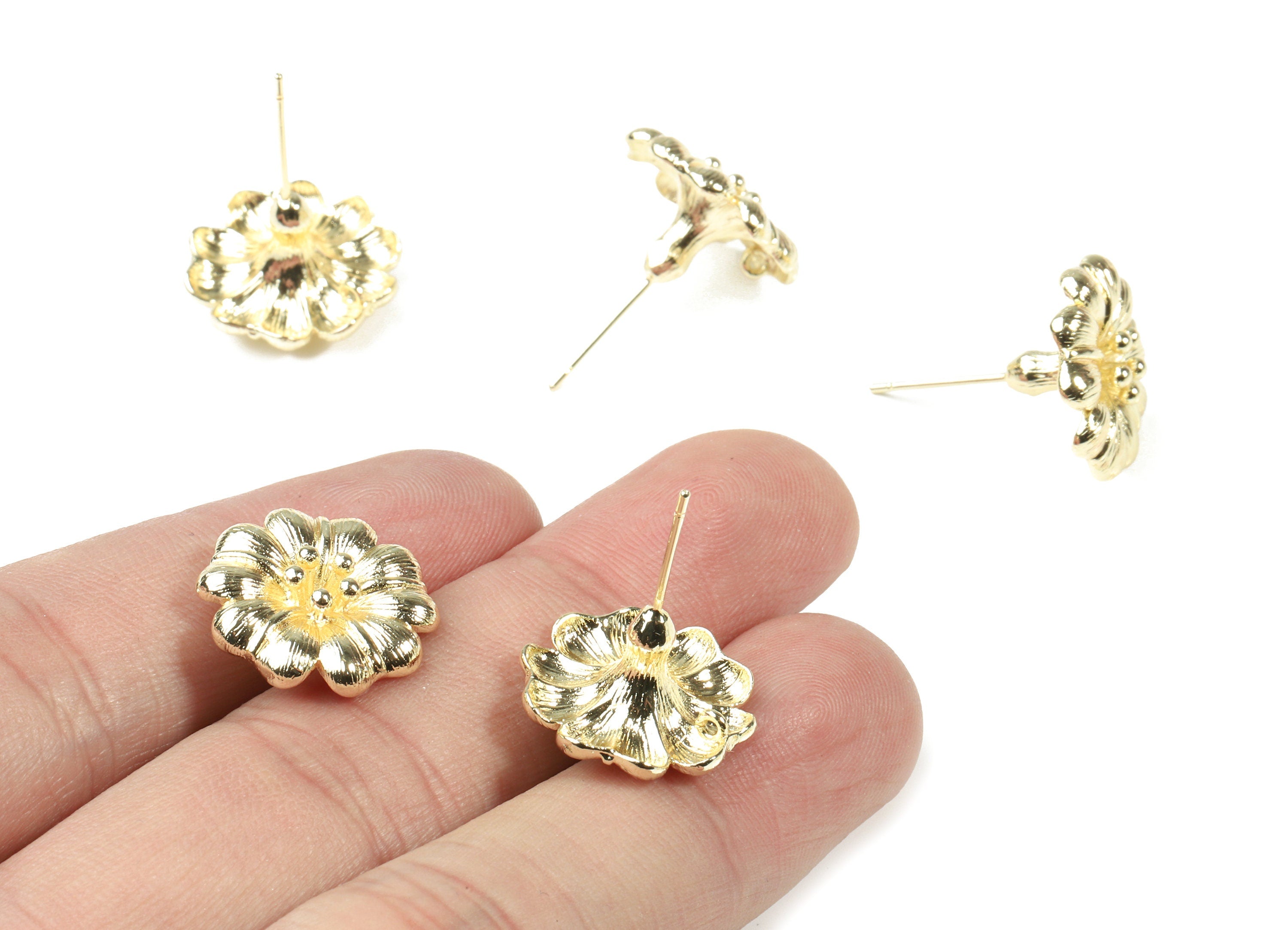 Brass Flower Earring Stud With Loop - Gold Flower Earring Post - 18K Real Gold Plated Brass - Surgical Stud - 16.77x16.77x1.51mm - RGP2579 - DOMEDBAZAAR