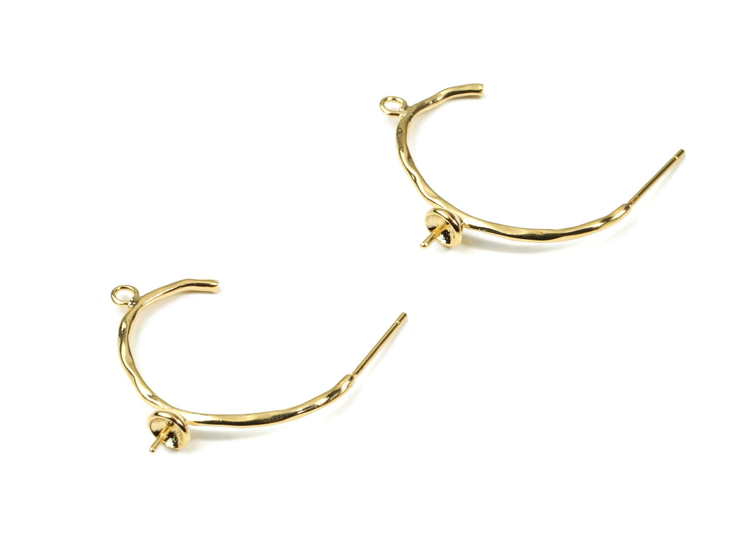 Brass Wire C Earring Stud For Pearl - Gold C Earring Post White Loop - 18K Real Gold Plated Brass - 31.13x6.66x1.49mm - RGP2584 - DOMEDBAZAAR