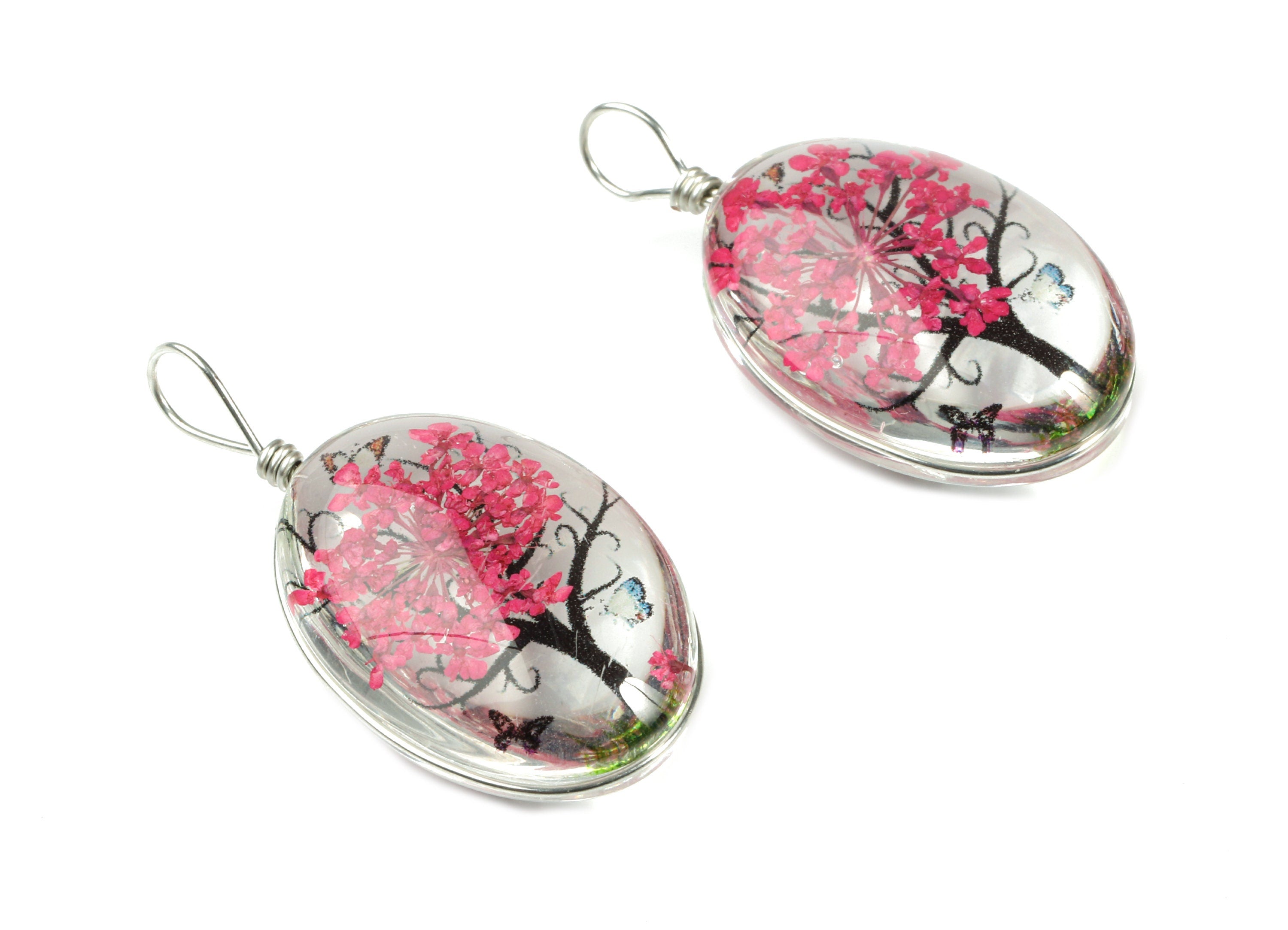 Real Flower Tree Pendant - Pressed Fushia Flower in Oval Glass - Handmade Pressed Natural Flower Jewelry - 36.74x18.55x10.53mm - GS1034A - DOMEDBAZAAR