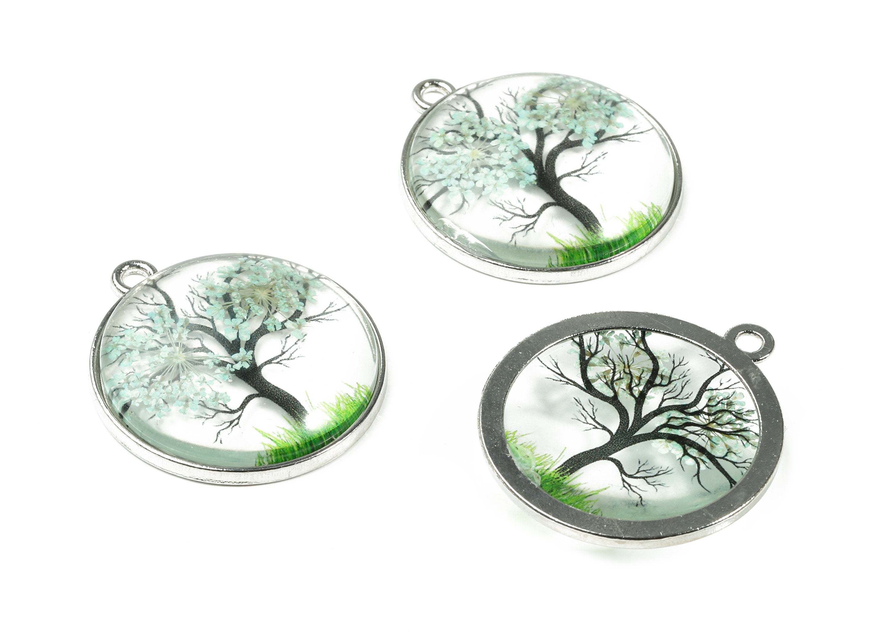 Real Flower Tree Pendant - Pressed Blue Flower in Round Glass - Handmade Pressed Natural Flower Jewelry - 36.38x32.14x7.14mm - GS1035 - DOMEDBAZAAR