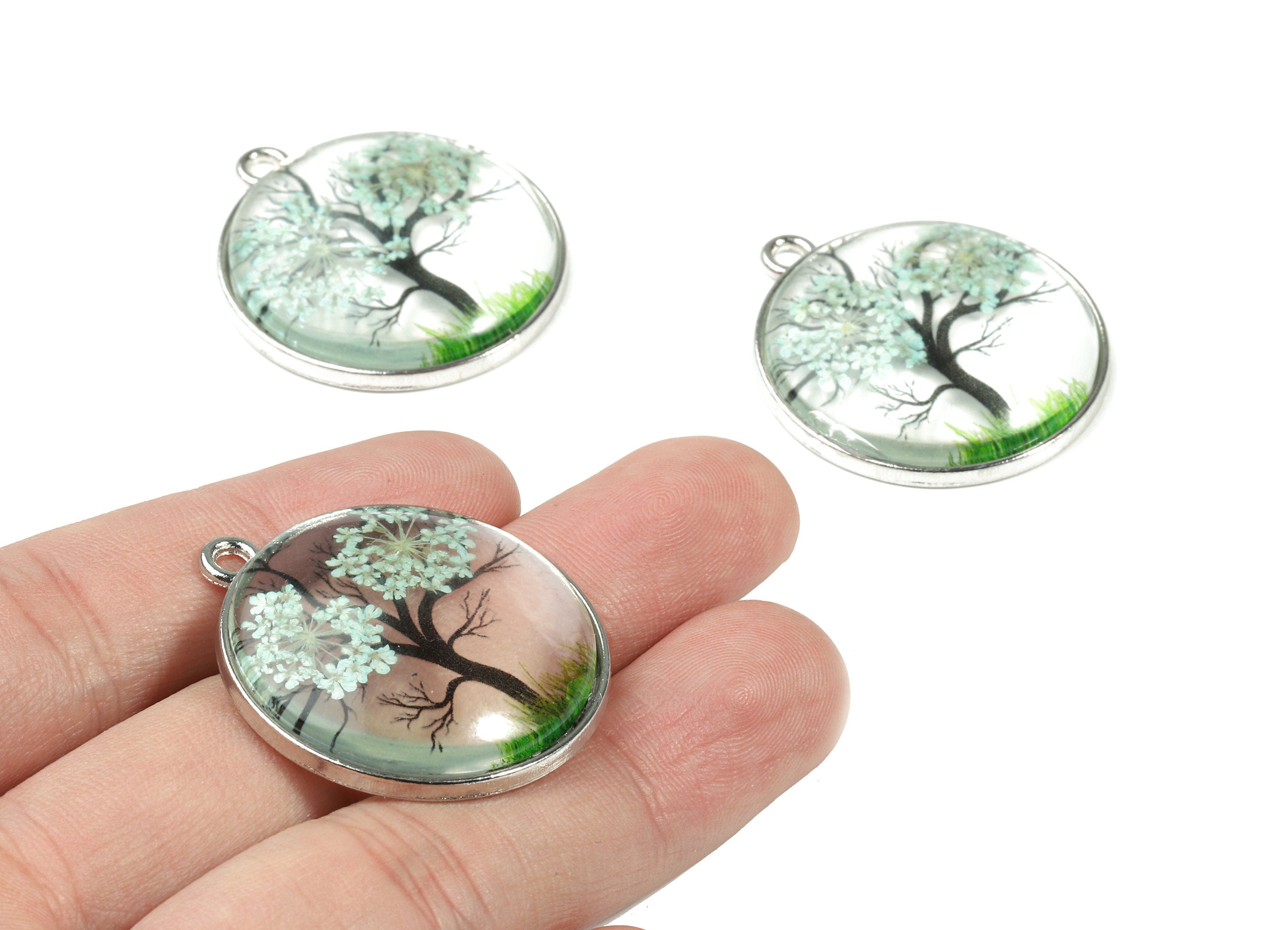 Real Flower Tree Pendant - Pressed Blue Flower in Round Glass - Handmade Pressed Natural Flower Jewelry - 36.38x32.14x7.14mm - GS1035 - DOMEDBAZAAR