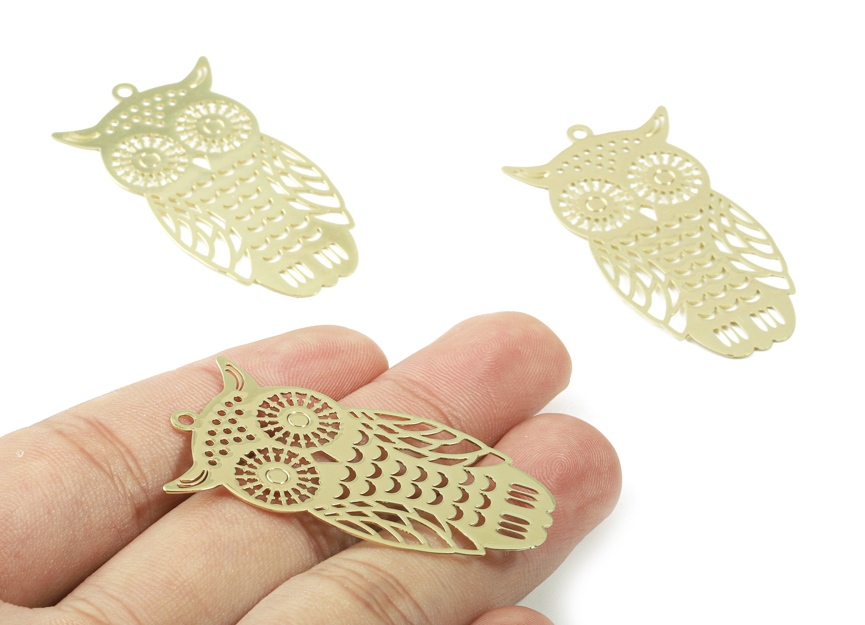 Brass Hoot Owl Charms - Raw Brass Hoot Owl Earrings and Pendant - Gold Tone Plated - Earring Finding - 46.37x25.96x0.34mm - PP2976 - DOMEDBAZAAR