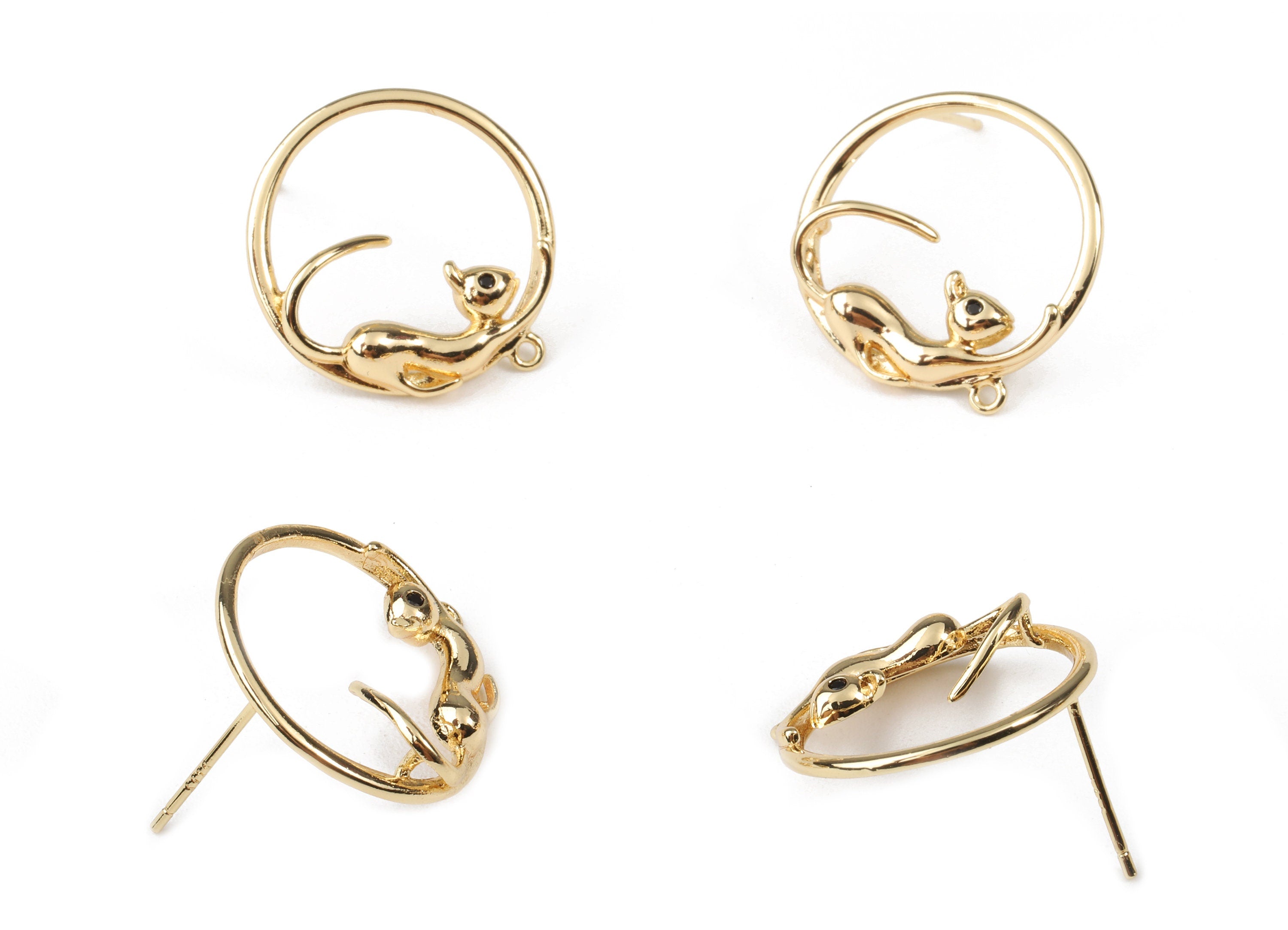 Brass Cat Earring Stud - Brass Round Earring Post With Loop - 18k Real Gold Plating Brass - Jewelry Supplies - 21.06x20.03x3.56mm - RGP2277 - DOMEDBAZAAR