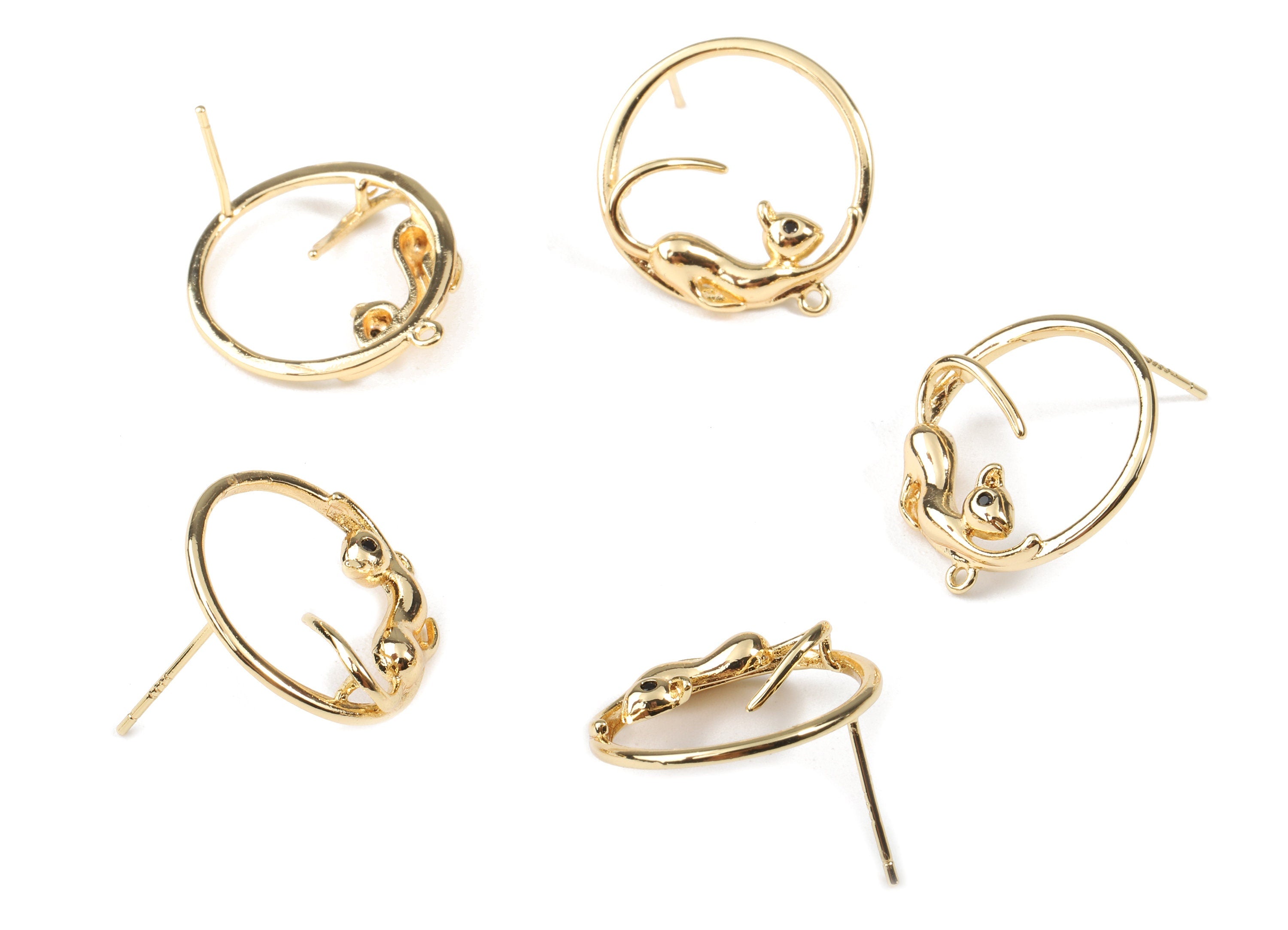 Brass Cat Earring Stud - Brass Round Earring Post With Loop - 18k Real Gold Plating Brass - Jewelry Supplies - 21.06x20.03x3.56mm - RGP2277 - DOMEDBAZAAR