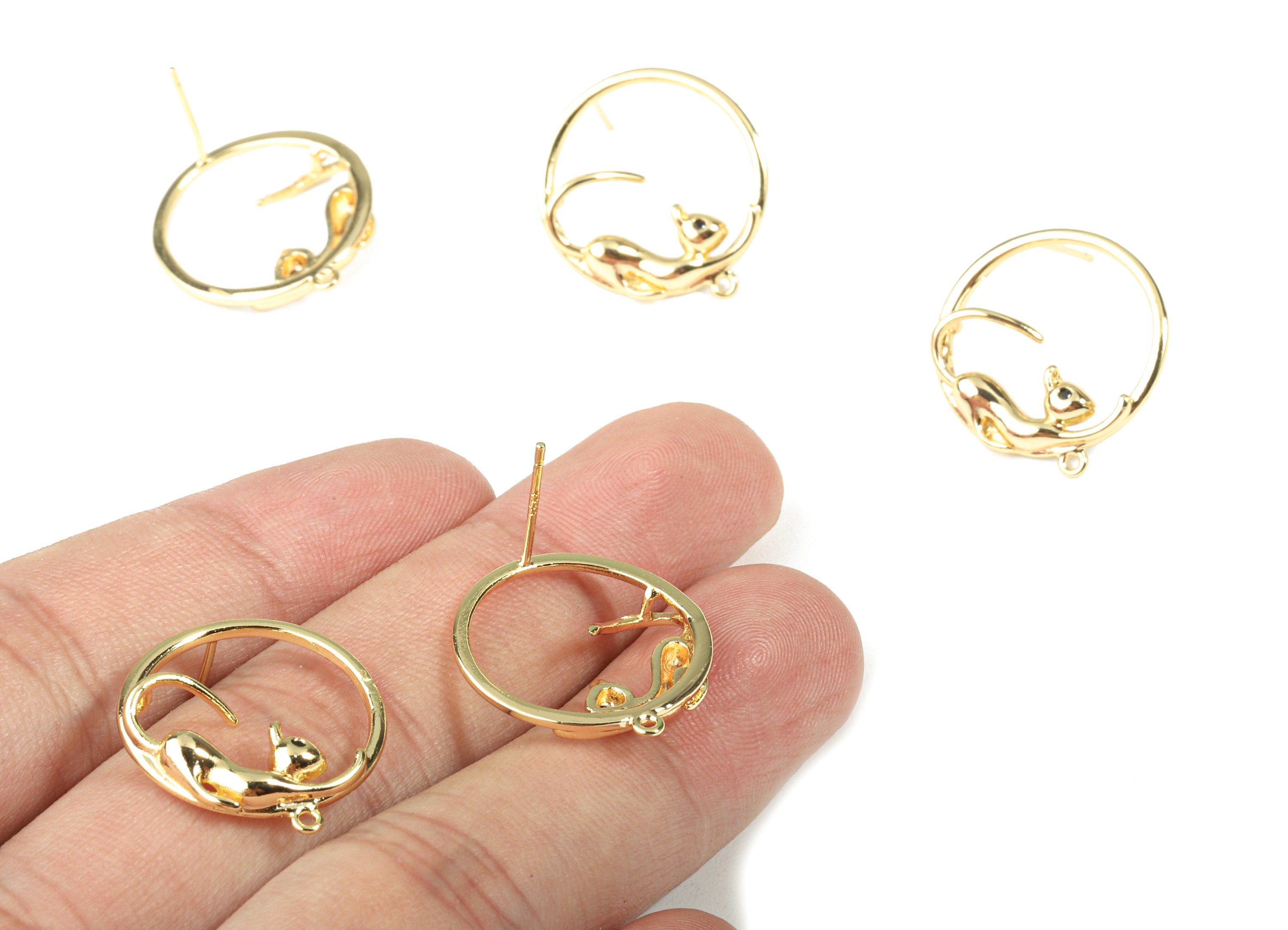 Brass Cat Earring Stud - Brass Round Earring Post With Loop - 18k Real Gold Plating Brass - Jewelry Supplies - 21.06x20.03x3.56mm - RGP2277 - DOMEDBAZAAR