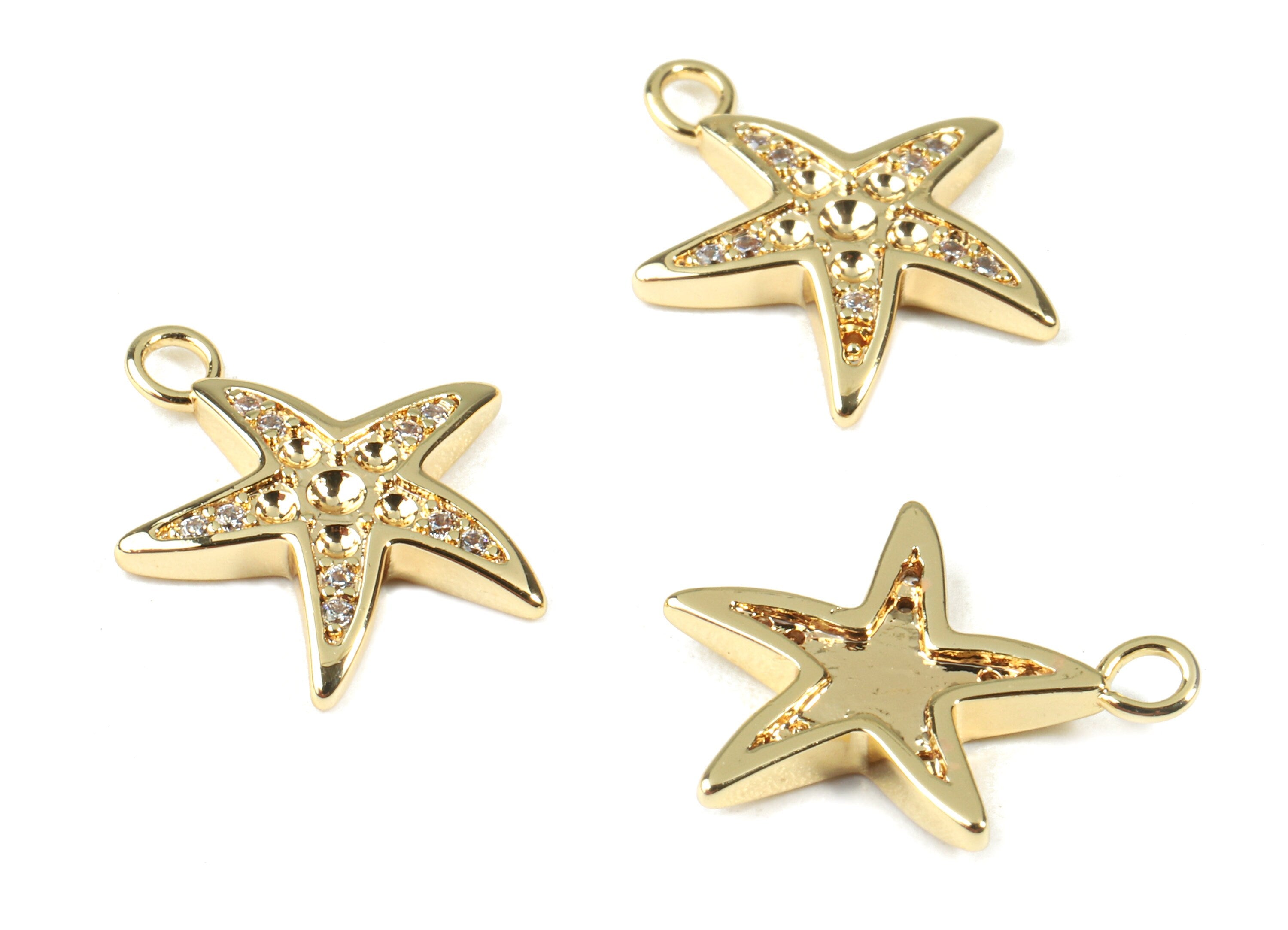 Brass Starfish Earring Charms With Glass - Brass Starfish Earring Pendant - 18k Real Gold Plating Brass - 15.45x13.44x2.11mm - RGP2281 - DOMEDBAZAAR