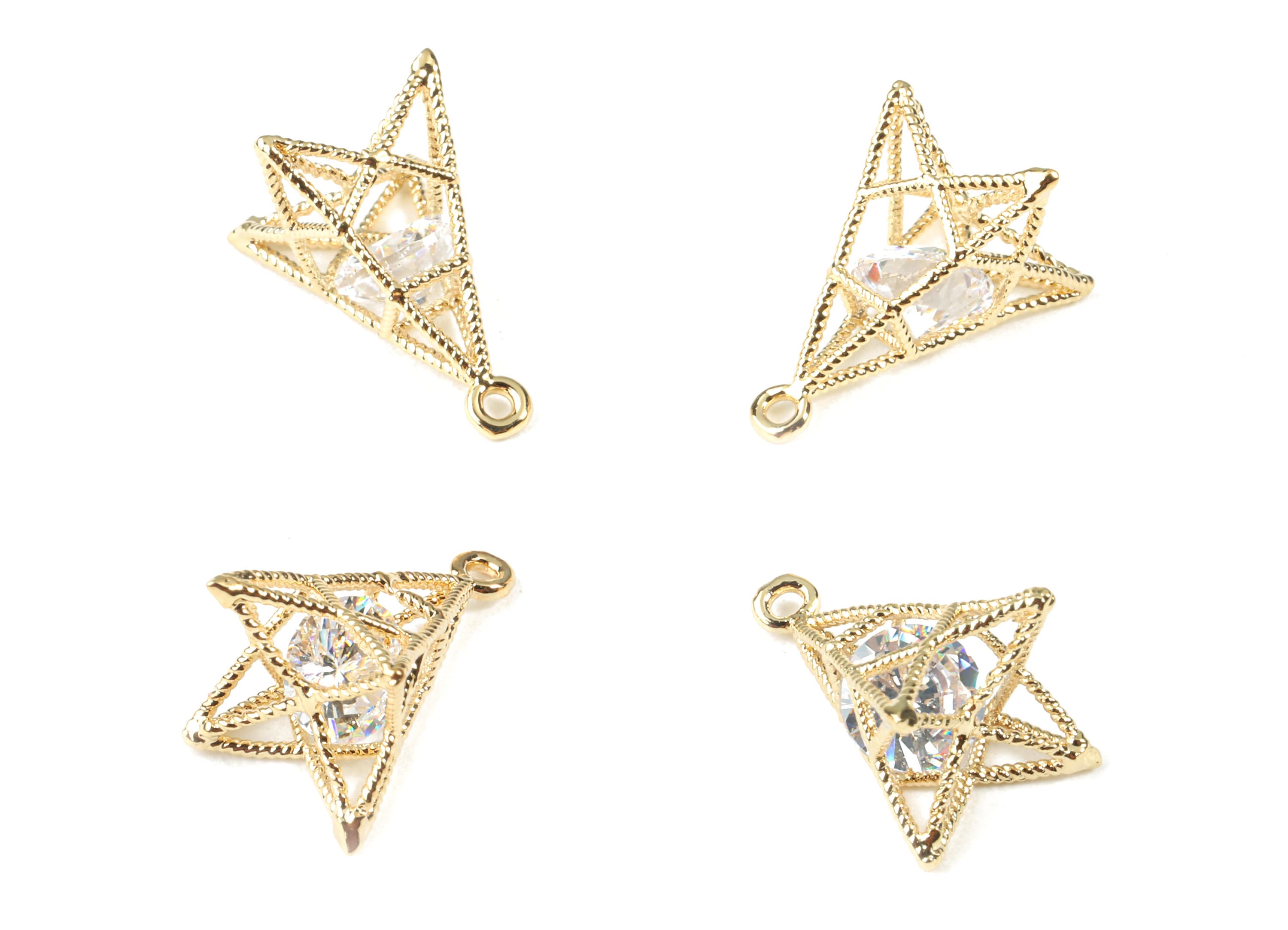 Brass Wire Mini Pyramid Earring Charm With Glass - Brass Wire Mini Pyramid Pendant - 18k Real Gold Plating Brass - 15.98x9.1x0.8mm - RGP2285 - DOMEDBAZAAR
