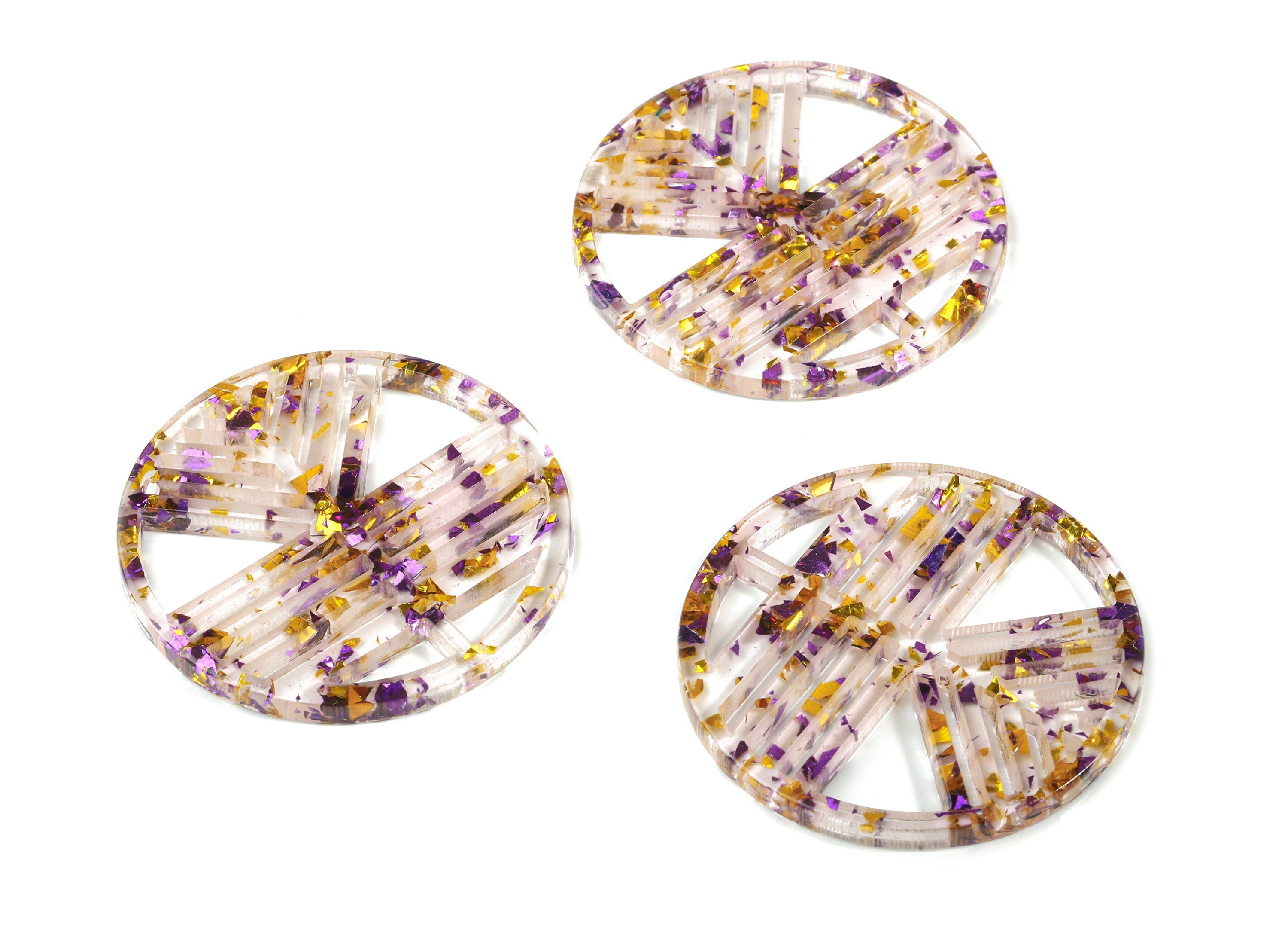 Acrylic Geometric Charms - Round Earring Charm - Purple & Gold Confetti - Jewelry Supplies - Color Code:A388 - 39.5x39.5x2.9mm - AC1820-A388 - DOMEDBAZAAR