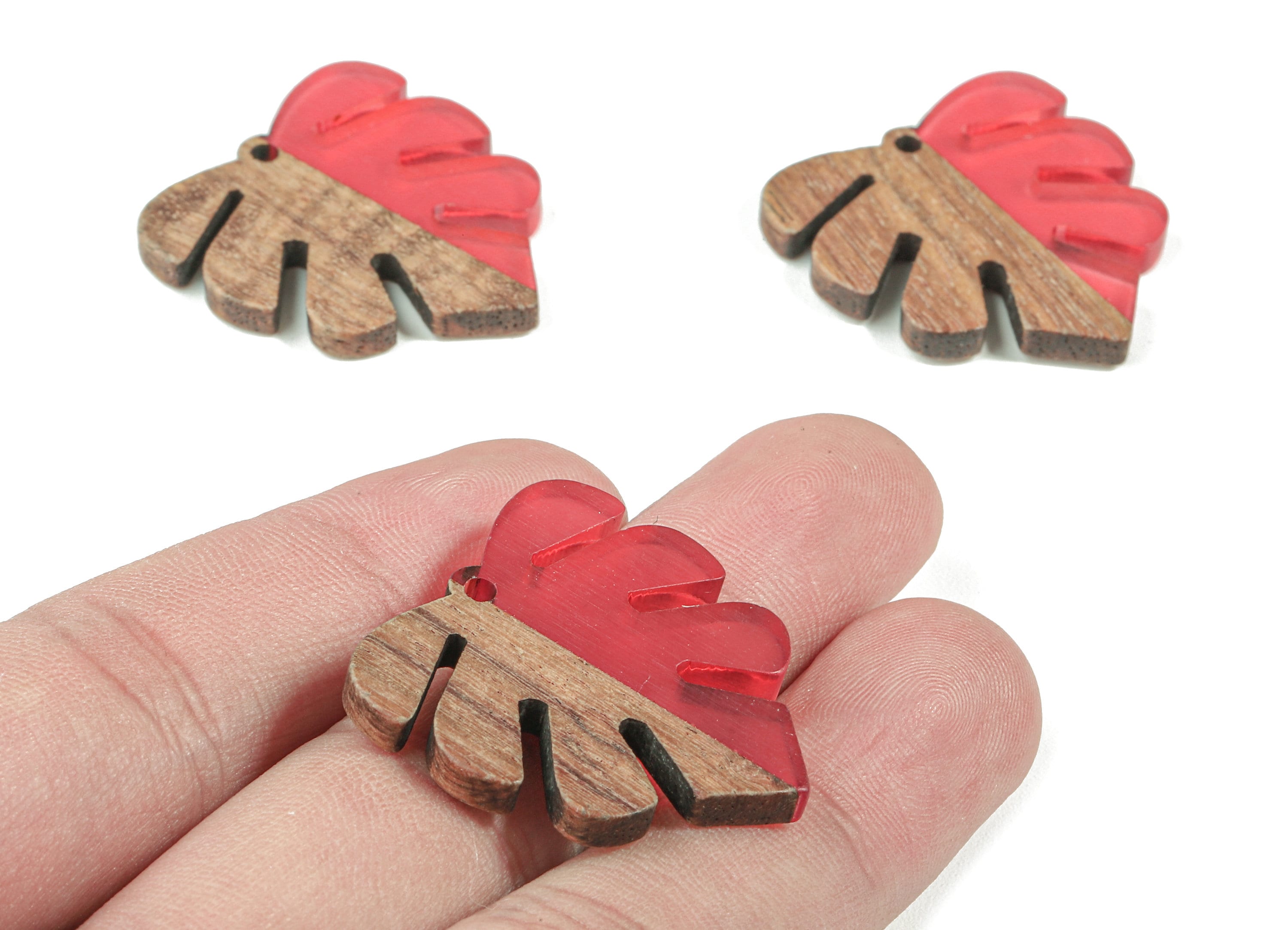 Epoxy Redwood Monstera Charm - Epoxy Resin Wood Leaf Pendant -  Redwood and Resin Necklace - Jewelry Supplies - 30.45x28.25x3.83mm - BB1094C - DOMEDBAZAAR