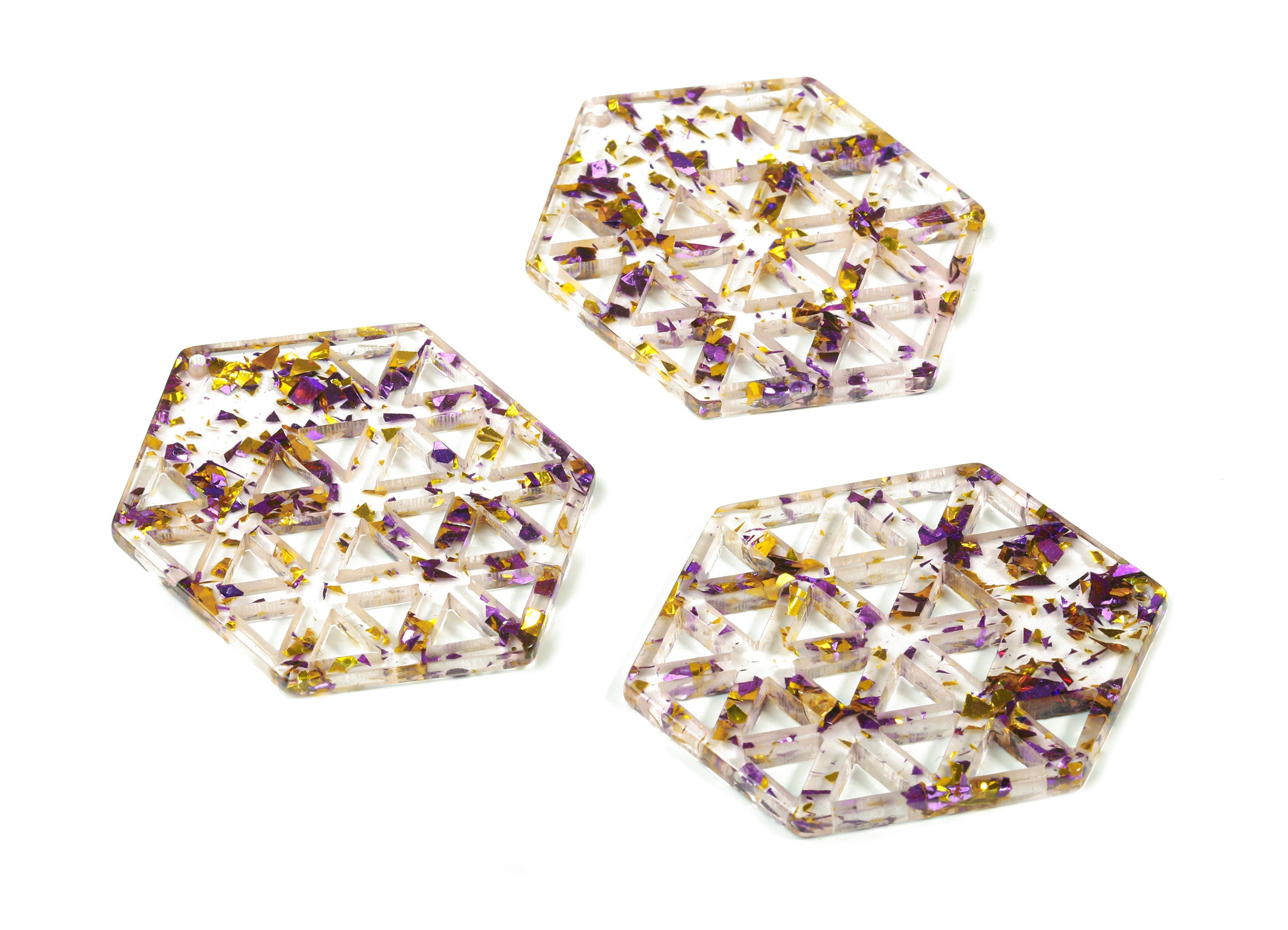 Acrylic Hexagon Earring Charm - Honeycomb Pendant - Purple & Gold Confetti - Color Code:A388 - 52.67x39.61x2.82mm - AC1821-A388 - DOMEDBAZAAR