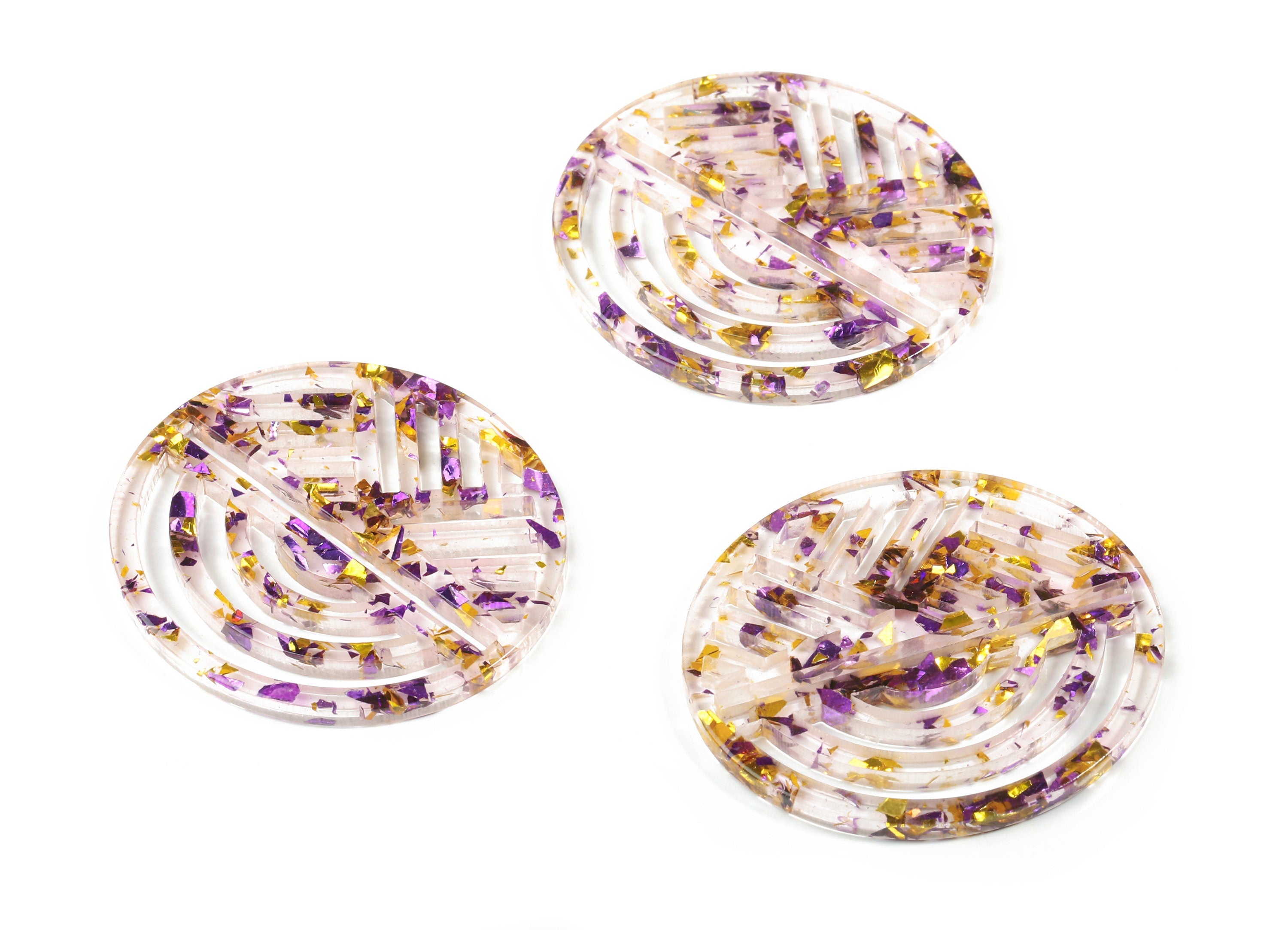 Acrylic Oval Earring Charms - Geometric Pendant - Purple & Gold Confetti - Color Code:A388 - 42.61x39.62x2.77mm - AC1824-A388 - DOMEDBAZAAR