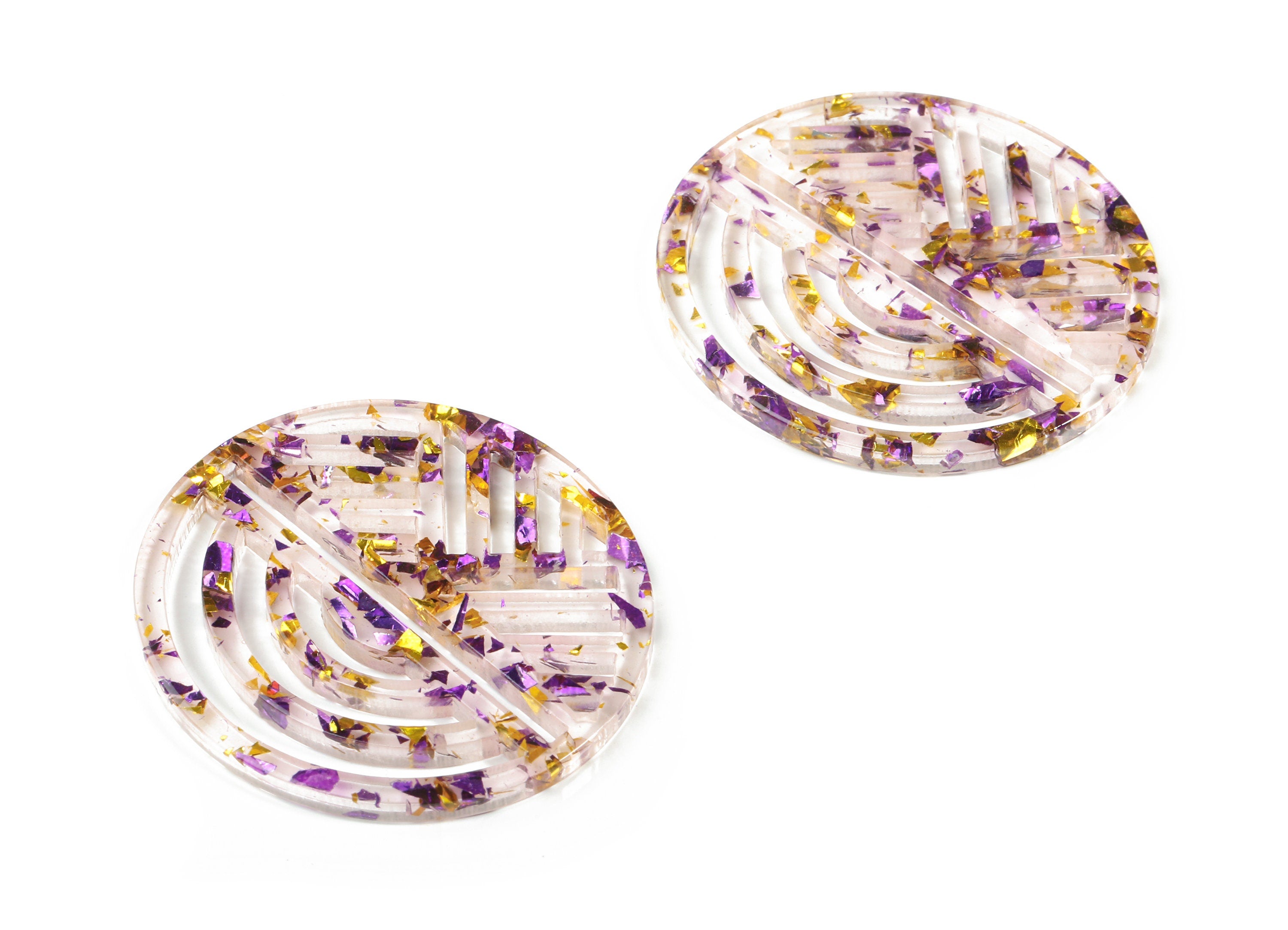 Acrylic Oval Earring Charms - Geometric Pendant - Purple & Gold Confetti - Color Code:A388 - 42.61x39.62x2.77mm - AC1824-A388 - DOMEDBAZAAR
