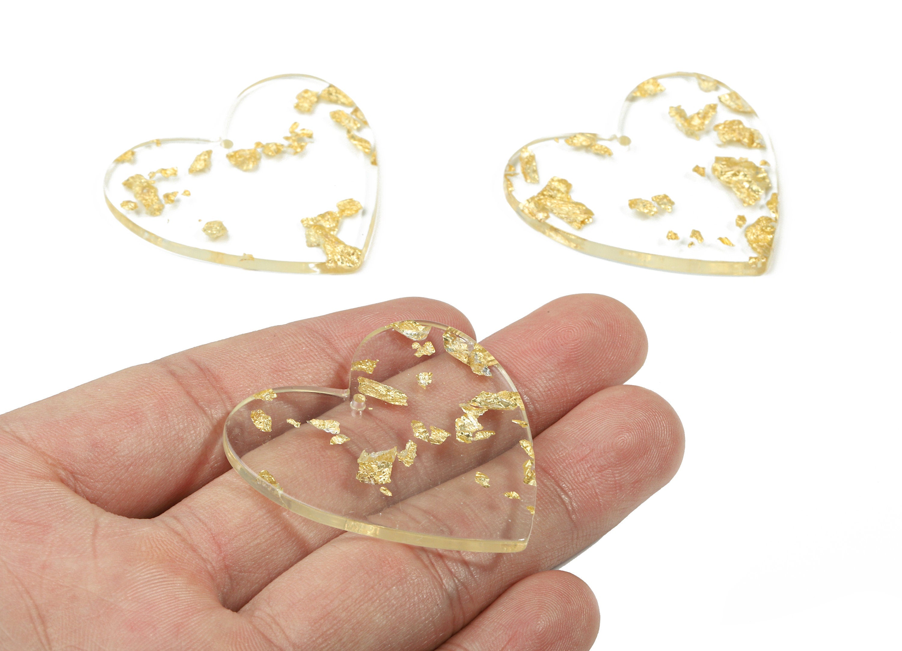 Acrylic Heart Earring Charms - Heart Pendant - Gold Foil and Confetti - Jewelry Supplies - Color Code: A255- 42.71x41.65x3.1mm - AC1746-A255 - DOMEDBAZAAR