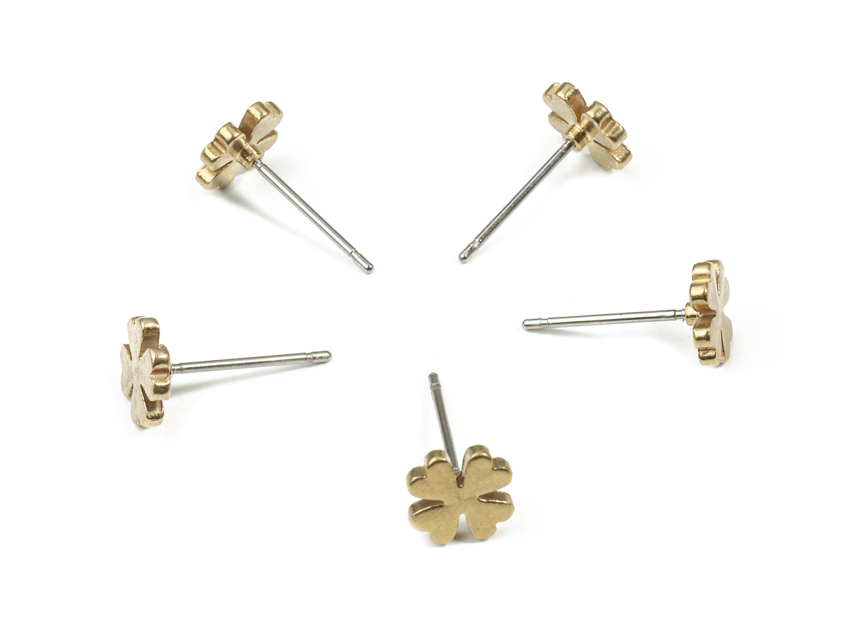 Brass Clover Earring Stud - Raw Brass Four-Leaf Clover Earring Post - Steel Stud - Earring Post - Jewelry Supplies - 7.8x7.8x1.5mm - PP3151 - DOMEDBAZAAR