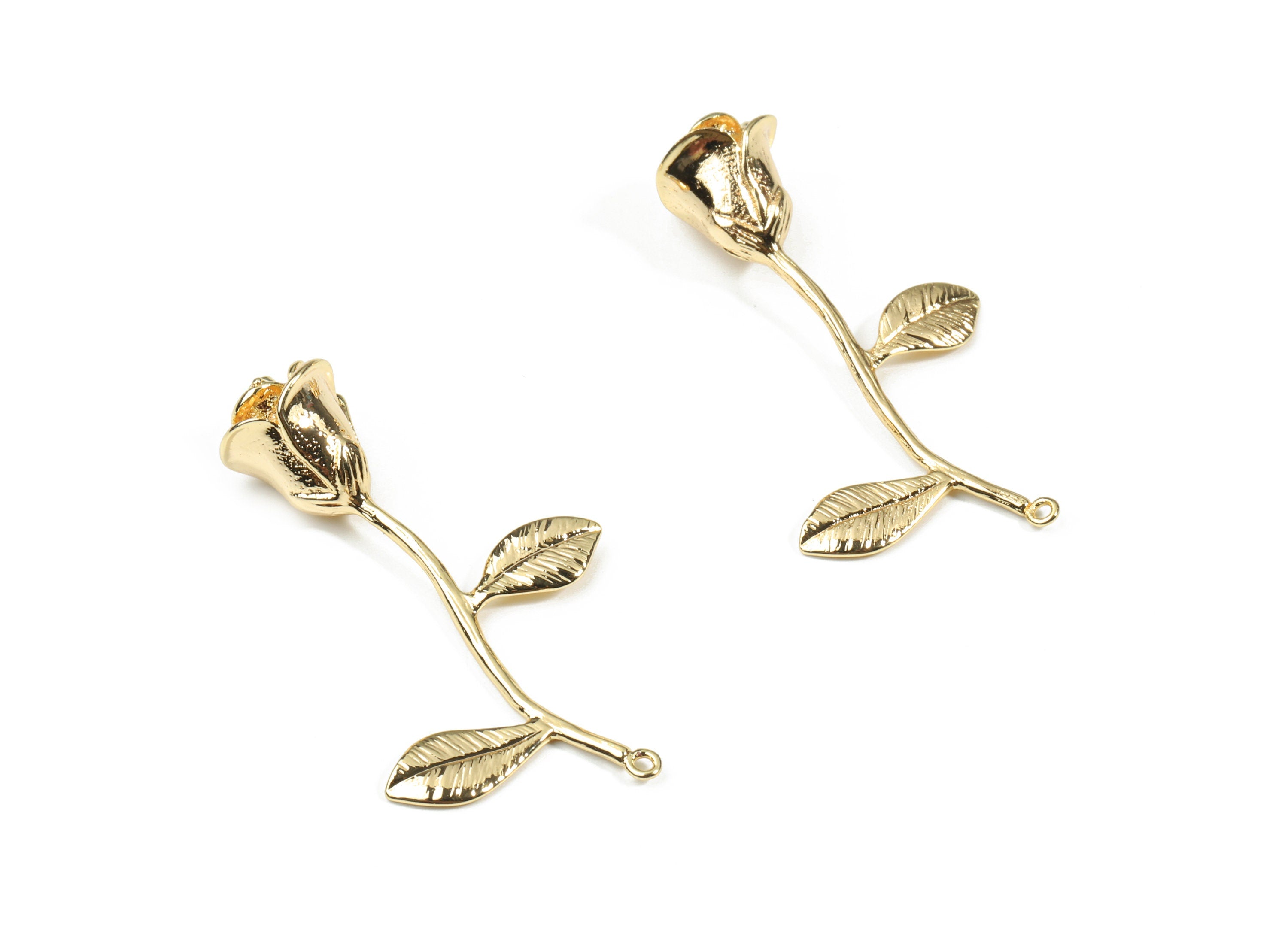 Brass Rose Earring Charms - Gold Rose Pendant - 18K Real Gold Plated Brass - Jewelry Supplies - 39.32x25.19x10.09mm - RGP2596 - DOMEDBAZAAR