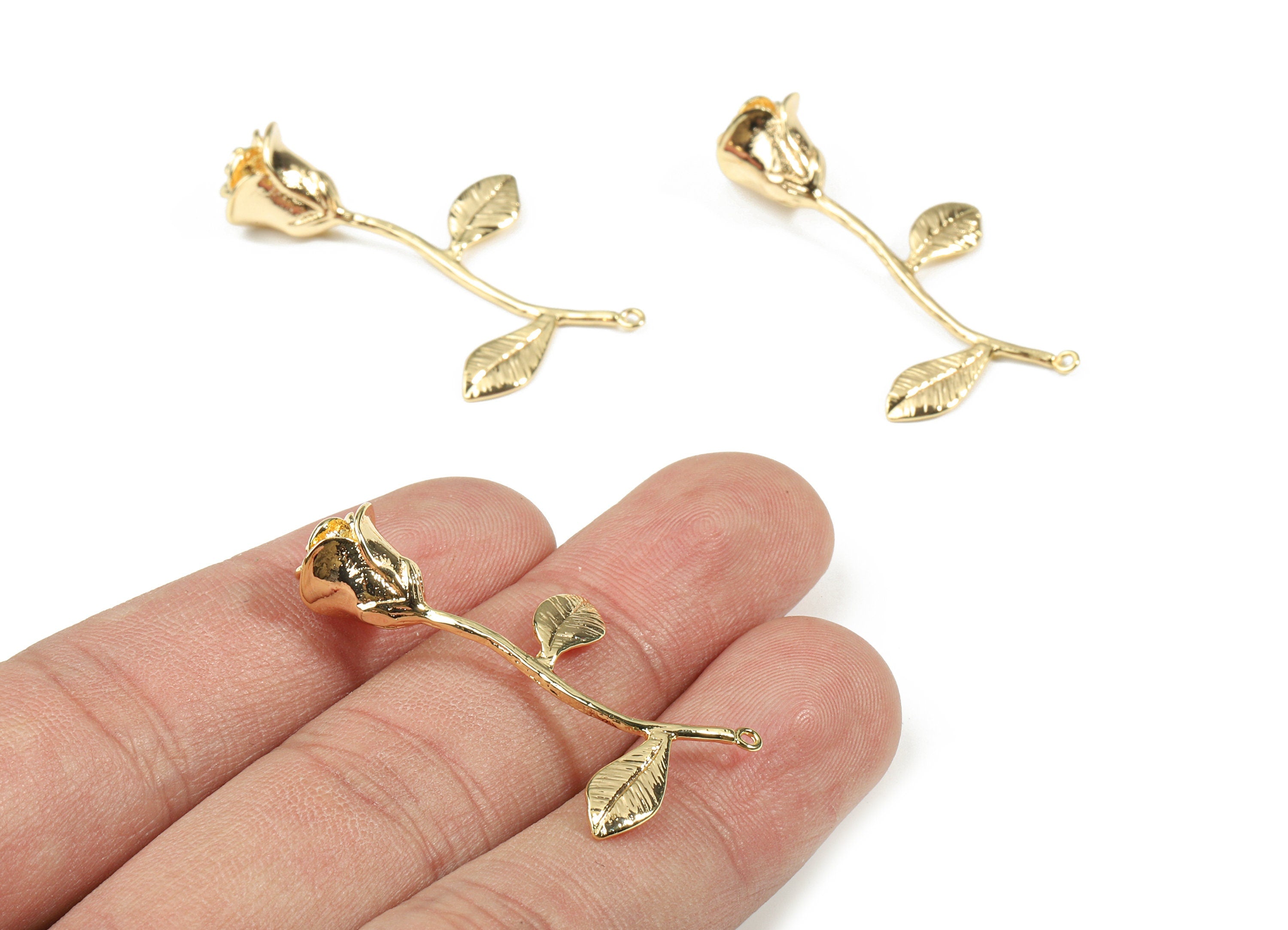 Brass Rose Earring Charms - Gold Rose Pendant - 18K Real Gold Plated Brass - Jewelry Supplies - 39.32x25.19x10.09mm - RGP2596 - DOMEDBAZAAR
