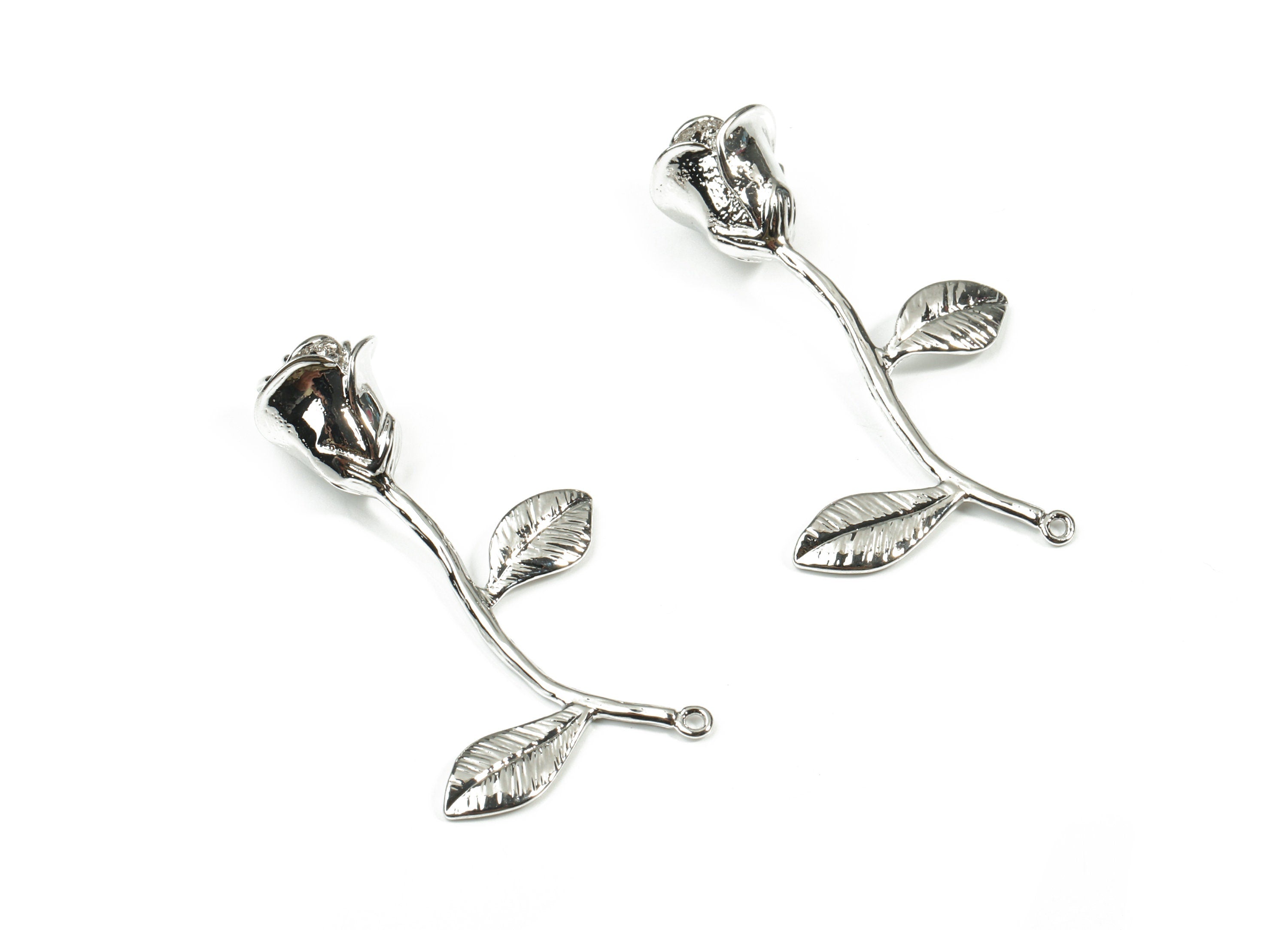 Brass Rose Earring Charms - Silver Rose Pendant - 18K Real White Gold Plated Brass - Jewelry Supplies - 39.32x25.19x10.09mm - RGP2595 - DOMEDBAZAAR