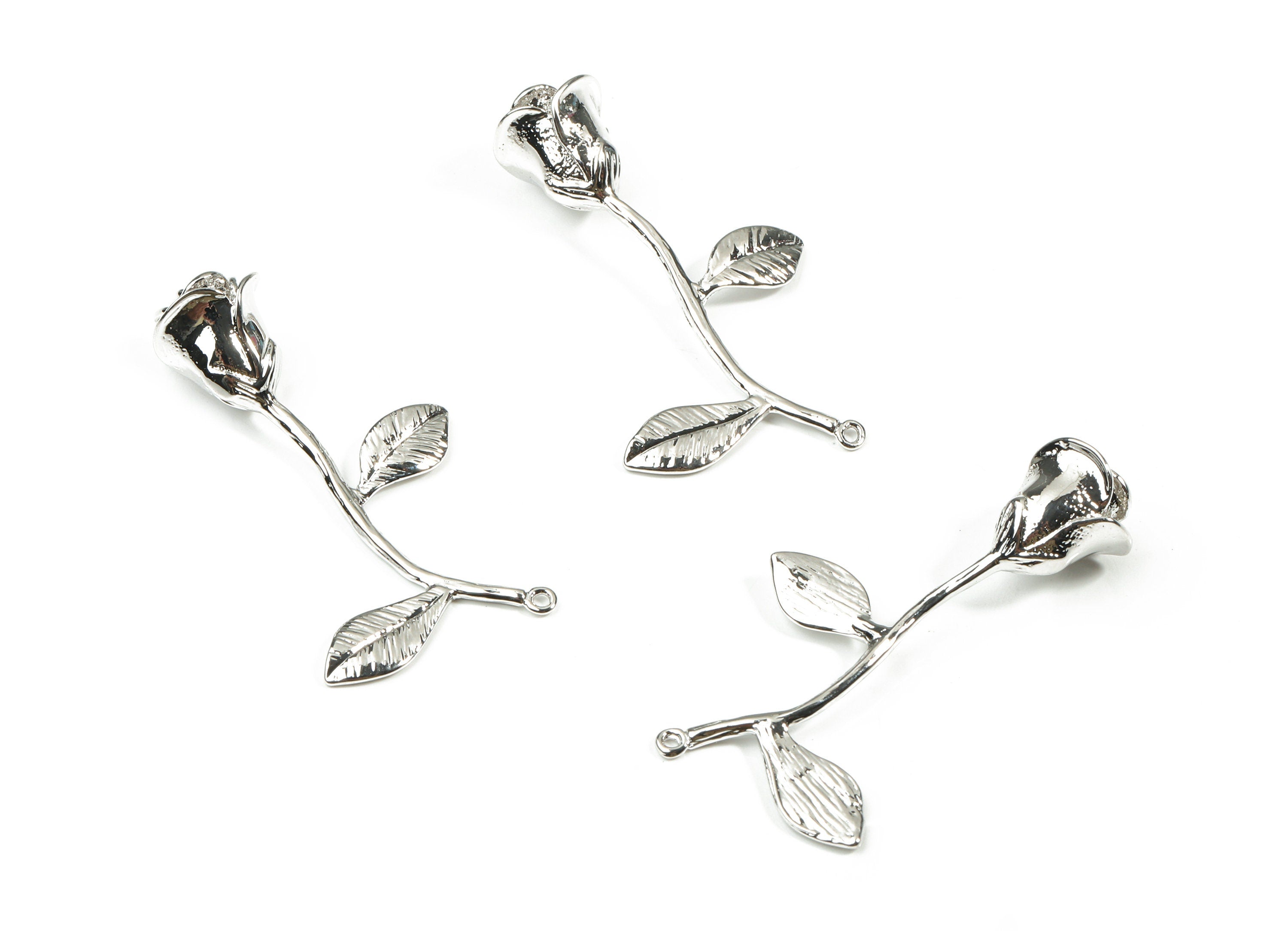 Brass Rose Earring Charms - Silver Rose Pendant - 18K Real White Gold Plated Brass - Jewelry Supplies - 39.32x25.19x10.09mm - RGP2595 - DOMEDBAZAAR