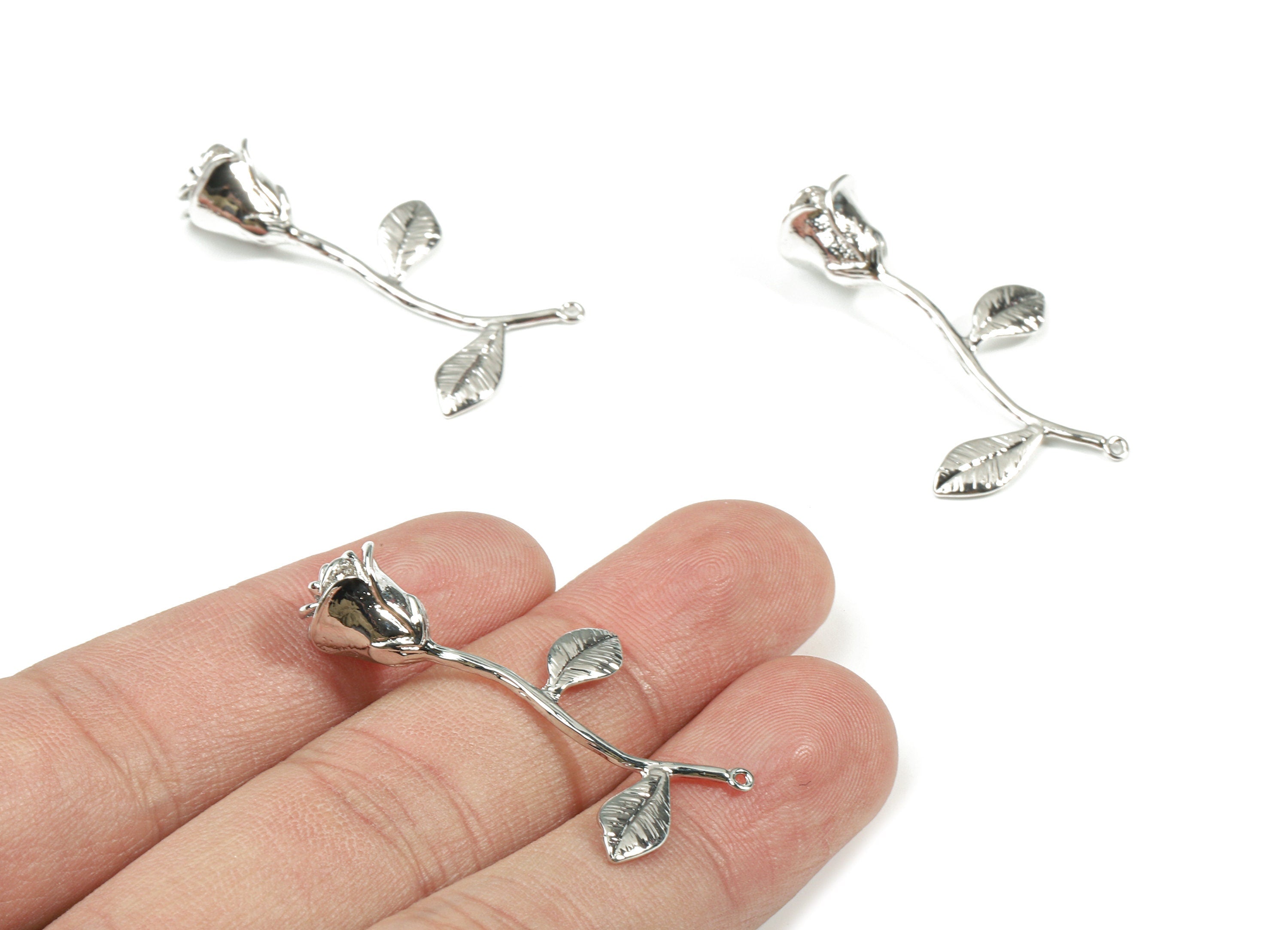 Brass Rose Earring Charms - Silver Rose Pendant - 18K Real White Gold Plated Brass - Jewelry Supplies - 39.32x25.19x10.09mm - RGP2595 - DOMEDBAZAAR