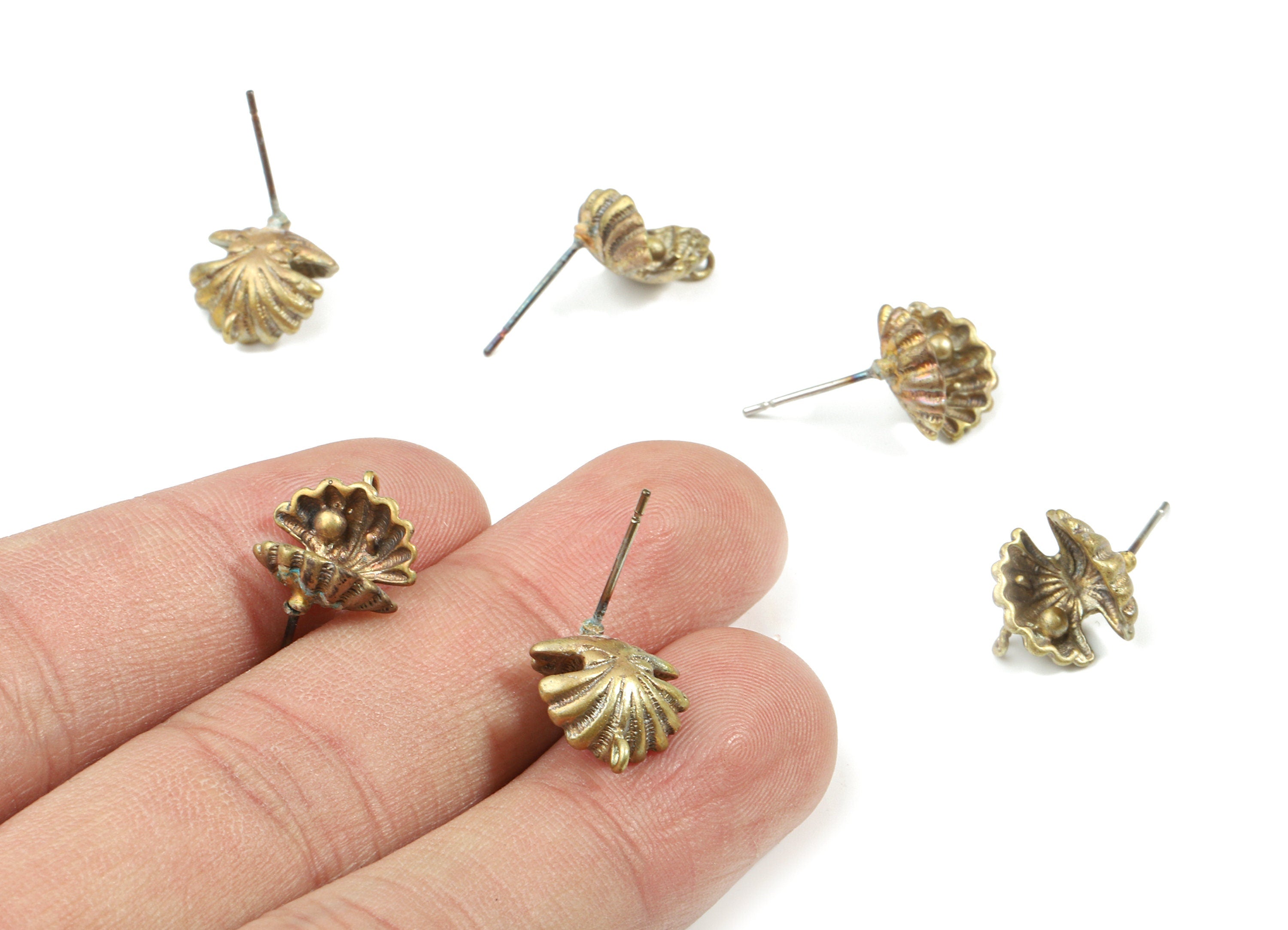 Brass Shell Earring Stud With Loop - Raw Brass Shell Earring Post - Steel Stud - Earring Post - Jewelry Supplies - 11.6x12.1x2.91mm - PP3195 - DOMEDBAZAAR