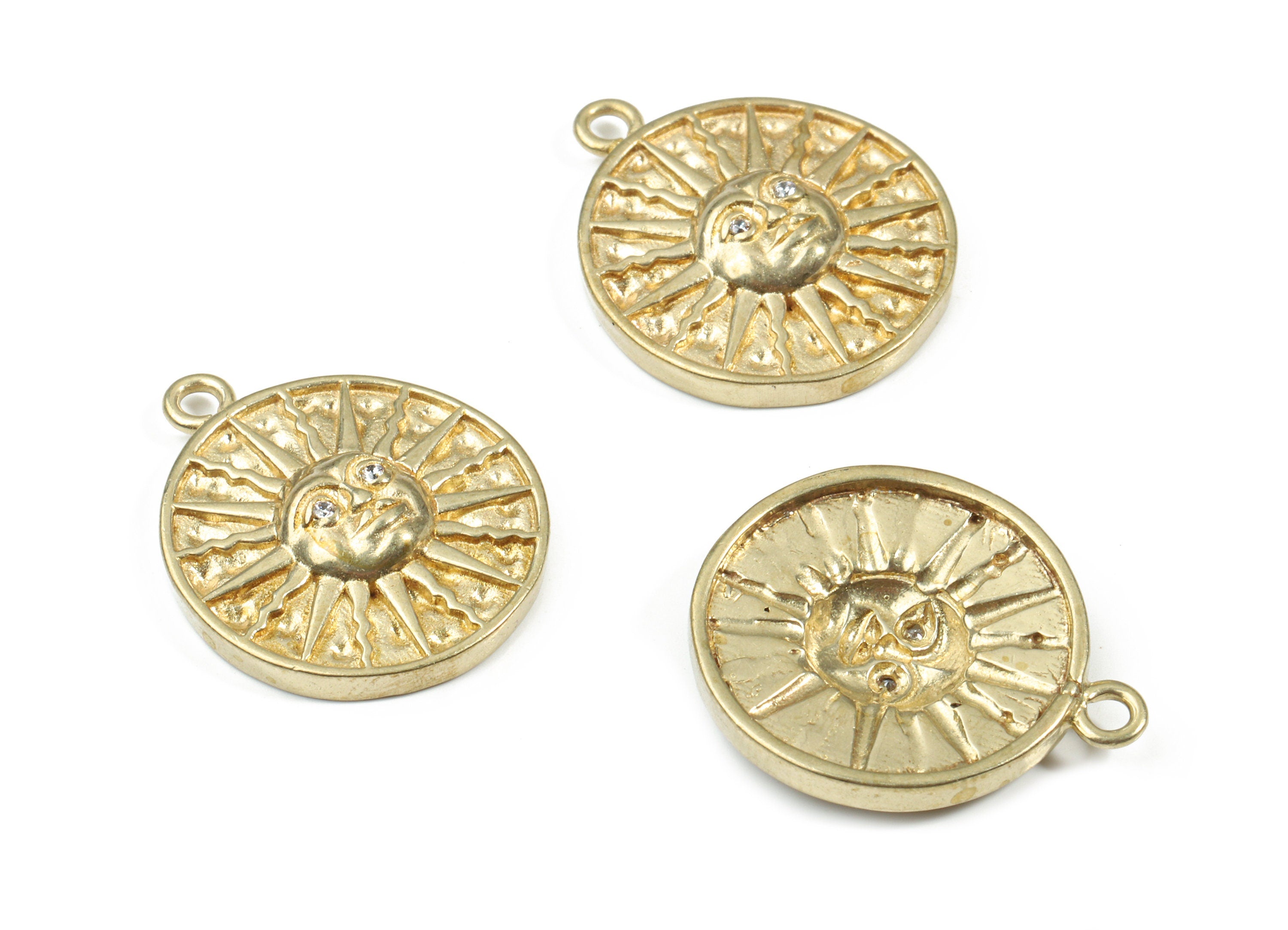 Brass Sun Face Round Pendant - Raw Brass Sun Earring Charm With Zircon - Earring Findings - Jewelry Supplies - 21.85x18.22x3.92mm - PP3216 - DOMEDBAZAAR