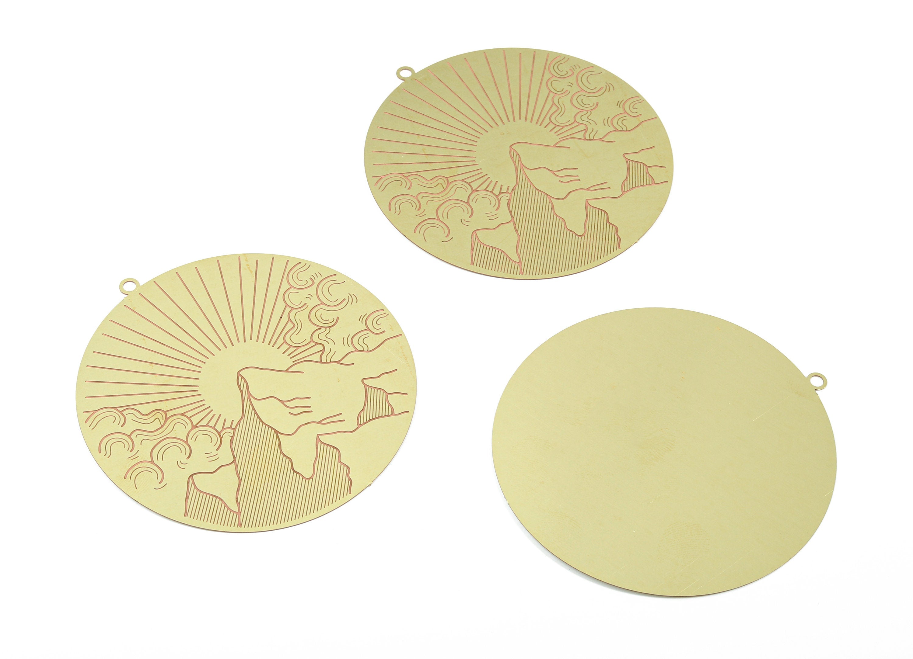 Brass Clouds Sun Earring Charms - Raw Brass Mountain Sun Pendant - Earring Findings - Jewelry Supplies - 63.3x59.9x0.3mm - JJD2066 - DOMEDBAZAAR