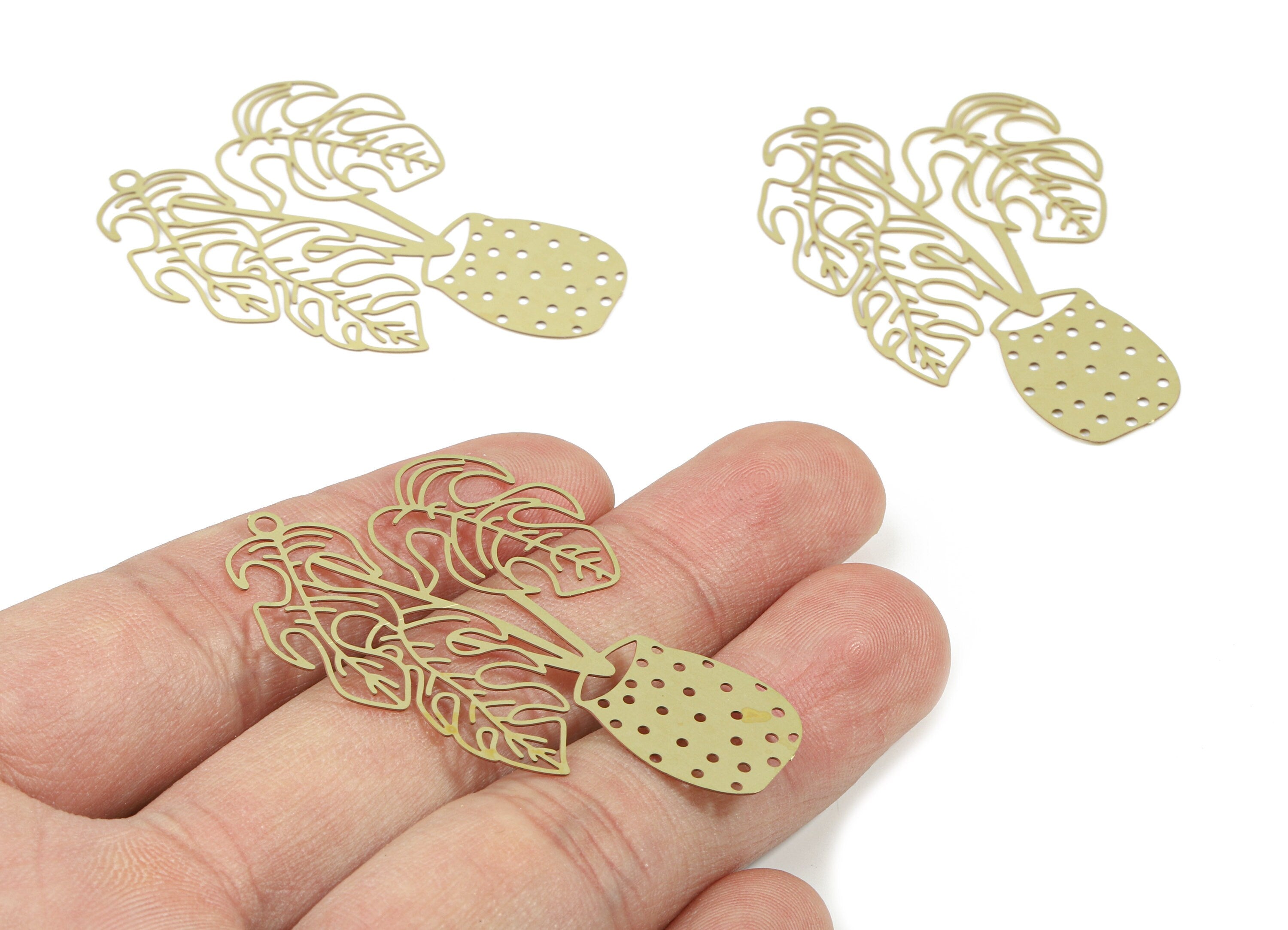 Brass Monstera Earring Charms - Raw Brass Monstera Vase Pendant - Earring Findings - Jewellery Supplies - 51.67x33.3x0.3mm - JJB5853 - DOMEDBAZAAR