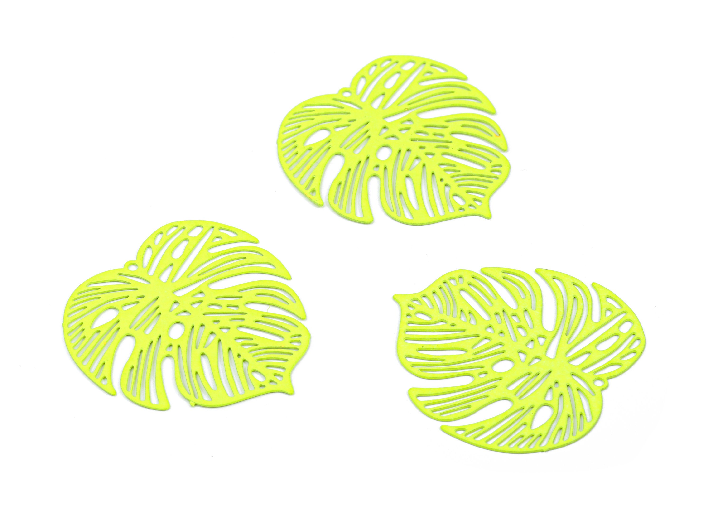 Luminous Yellow Monstera Pendant - Brass Monstera Charm For Necklace - Earring Supplies - Color Code: J13 - 37x36.43x5.47mm - JJB5106-J13 - DOMEDBAZAAR