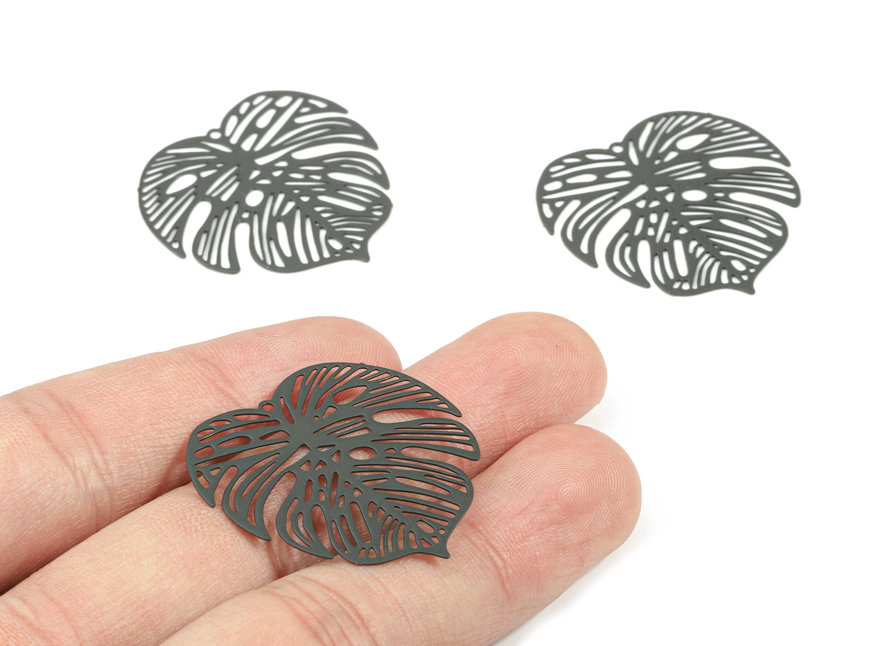 Black Monstera Pendant - Brass Monstera Charm For Necklace - Earring Supplies - Color Code: J23 - 37x36.43x5.47mm - JJB5106-J23 - DOMEDBAZAAR