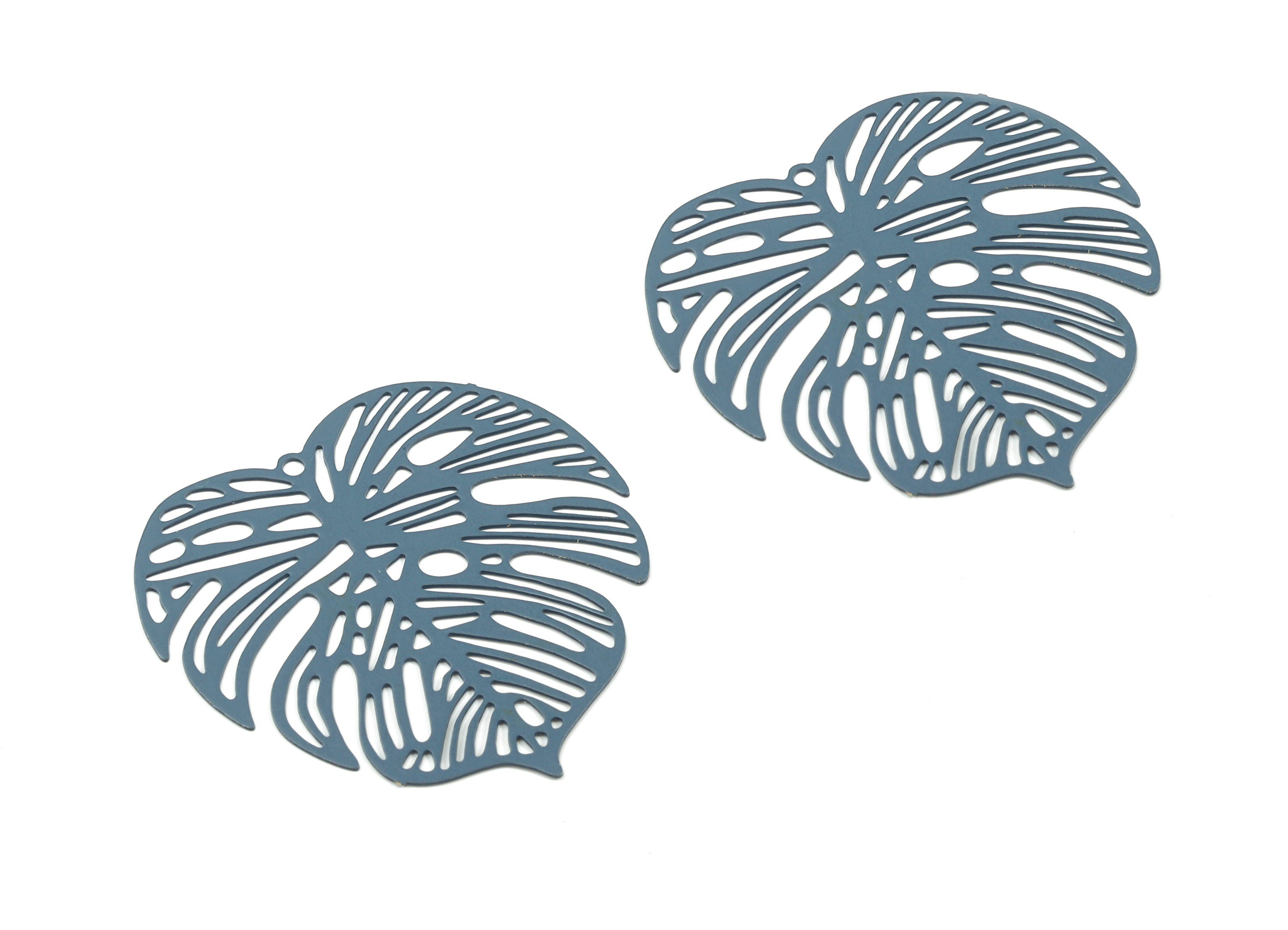 Navy Monstera Pendant - Brass Monstera Charm For Necklace - Earring Supplies - Color Code: J04 - 37x36.43x5.47mm - JJB5106-J04 - DOMEDBAZAAR