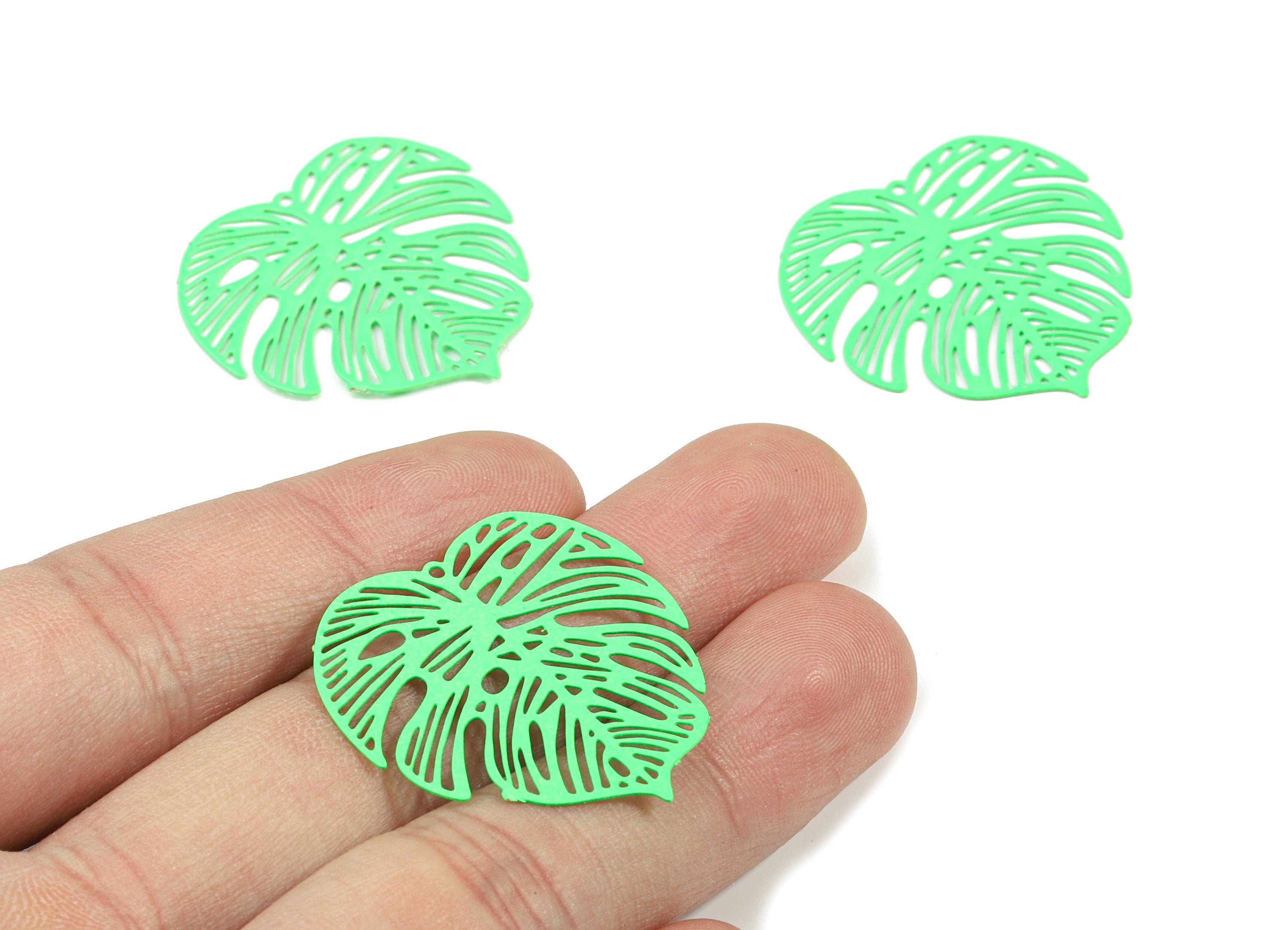 Luminous Green Monstera Pendant - Brass Monstera Charm For Necklace - Earring Supplies - Color Code: J12 - 37x36.43x5.47mm - JJB5106-J12 - DOMEDBAZAAR