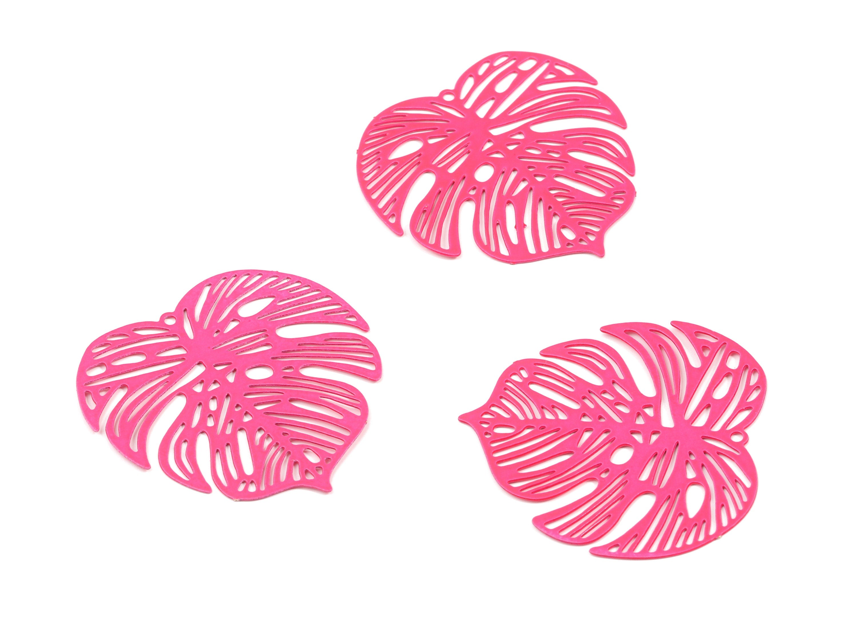 Fushia Pink Monstera Pendant - Brass Monstera Charm For Necklace - Earring Supplies - Color Code: J15 - 37x36.43x5.47mm - JJB5106-J15 - DOMEDBAZAAR