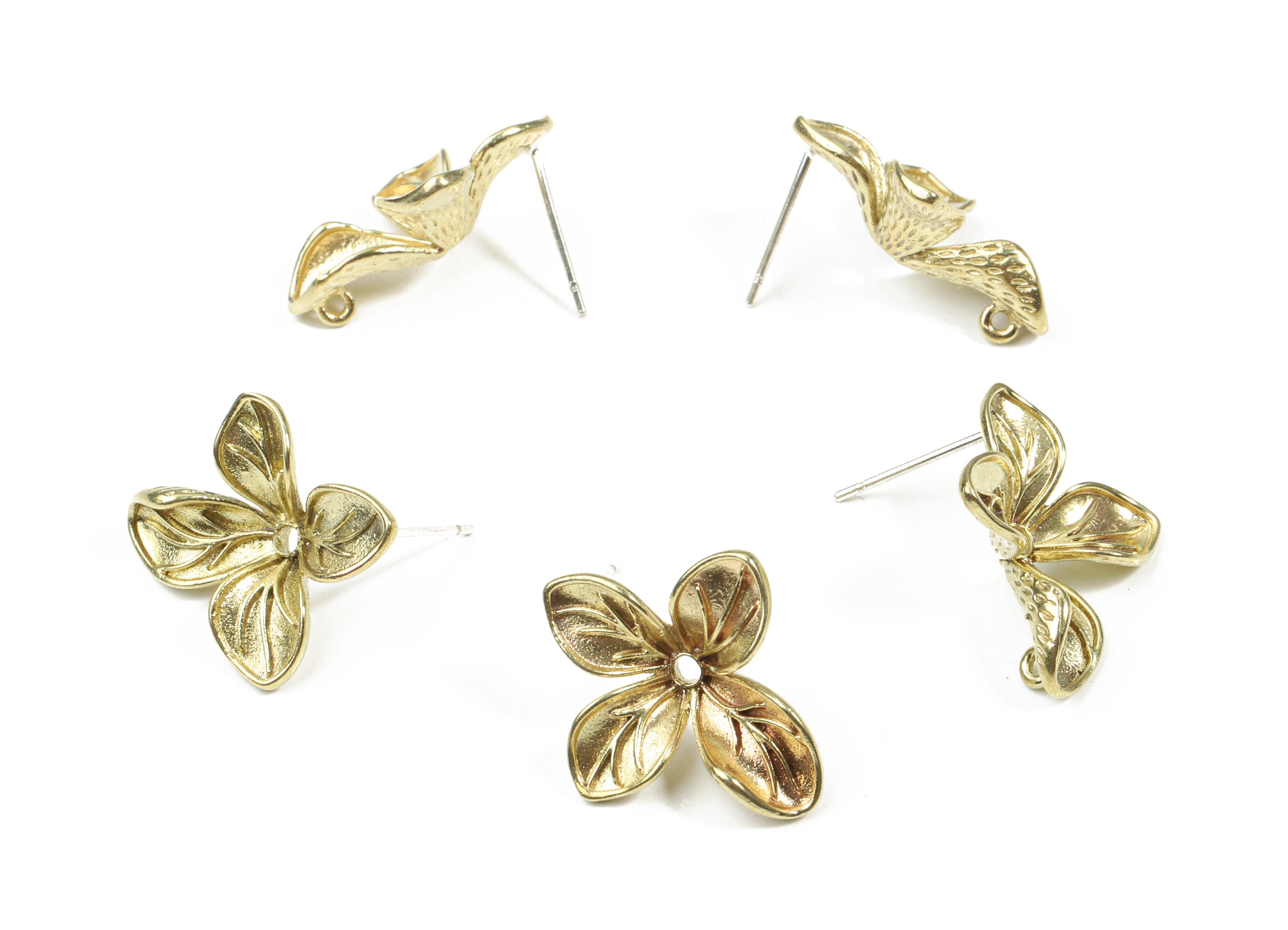 Brass Flower Earring Stud With Loop - Raw Brass Flower Earring Post - 325 Real Silver Stud - Jewelry Supplies - 10.01x14.25x1.18mm - PP3247 - DOMEDBAZAAR