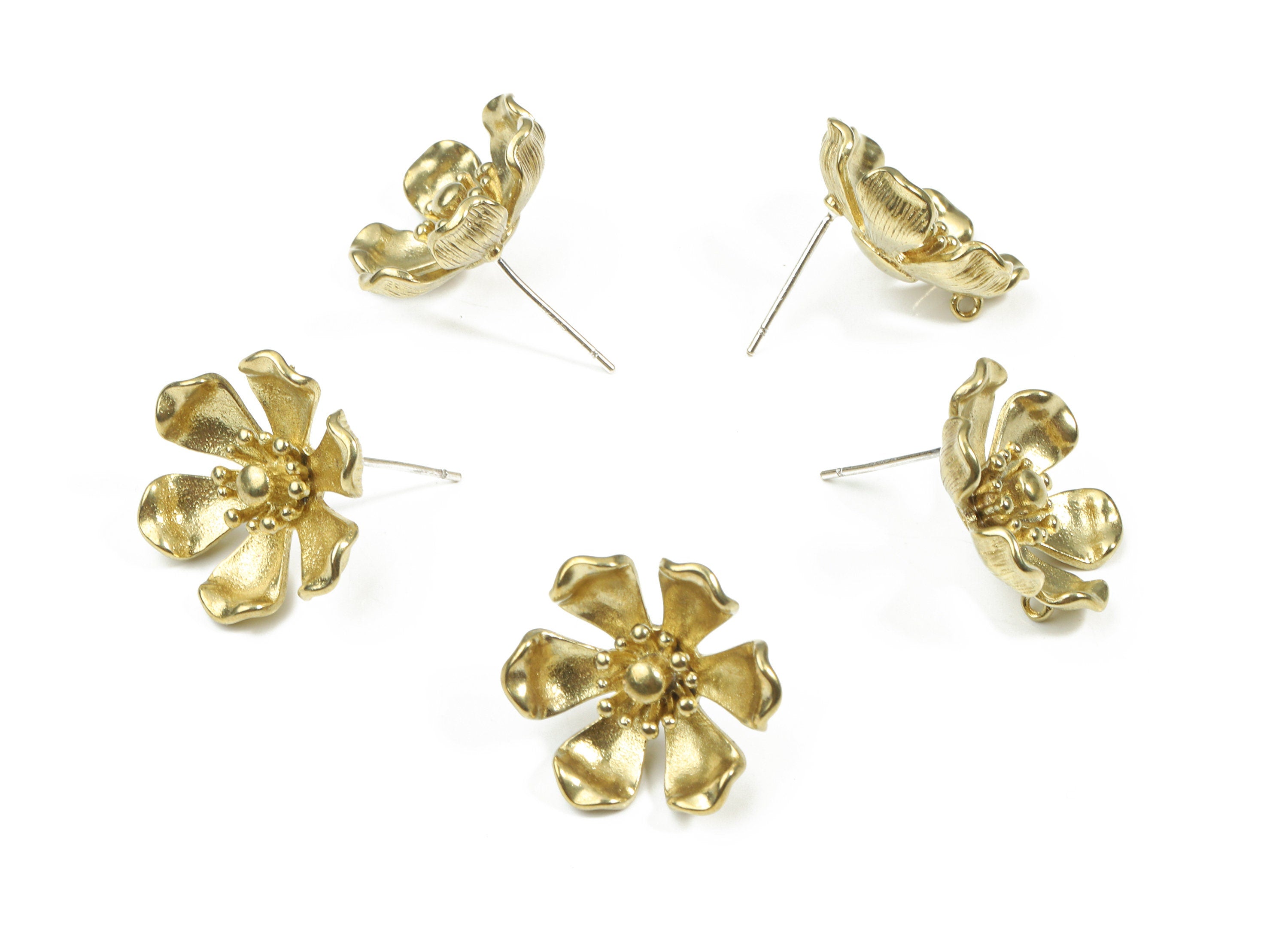Brass Flower Earring Stud With Loop - Raw Brass Water Lily Earring Post - 325 Real Silver Stud - Jewelry Supplies - 17.3x17.3x1.7mm - PP3248 - DOMEDBAZAAR