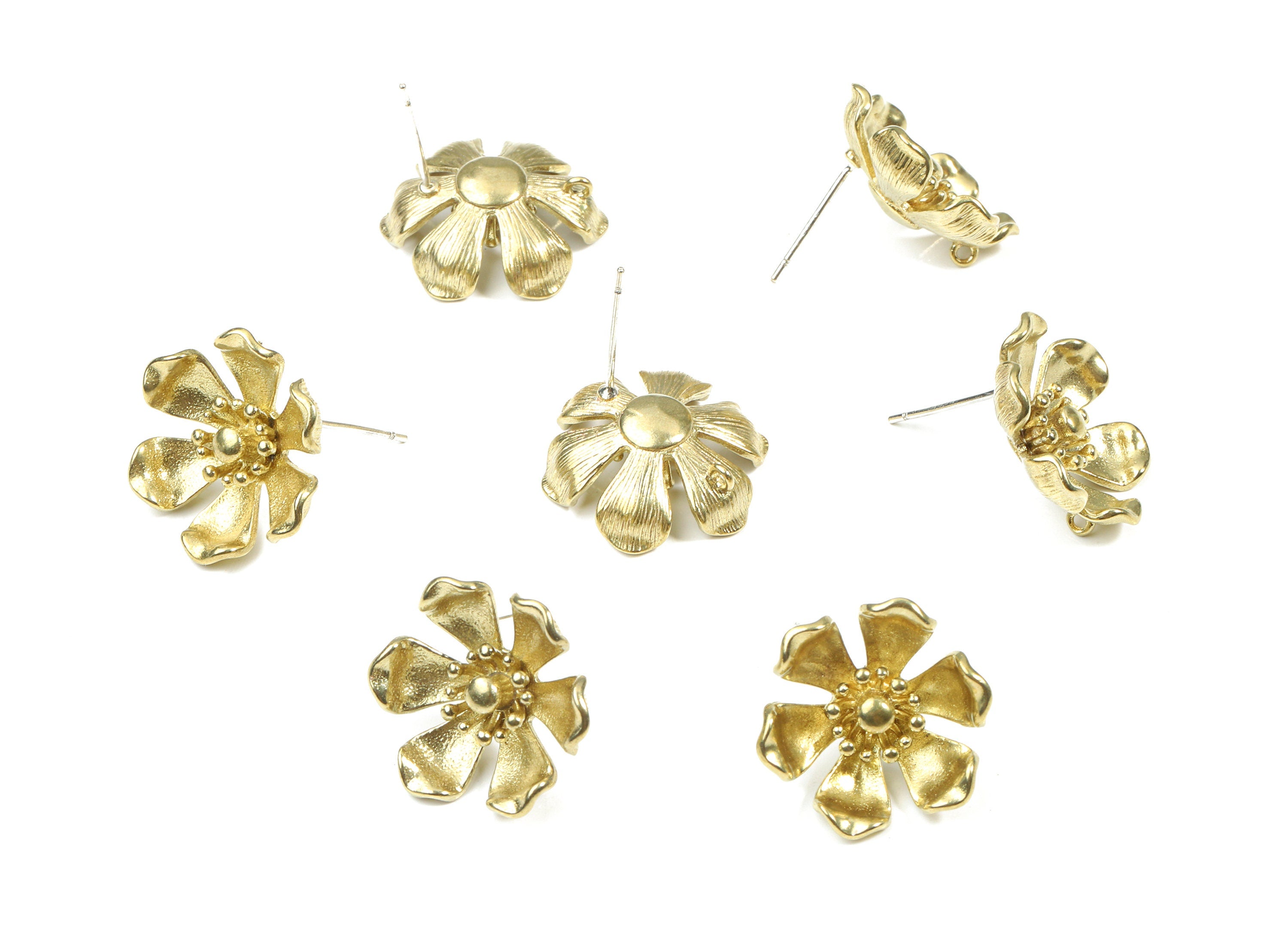 Brass Flower Earring Stud With Loop - Raw Brass Water Lily Earring Post - 325 Real Silver Stud - Jewelry Supplies - 17.3x17.3x1.7mm - PP3248 - DOMEDBAZAAR