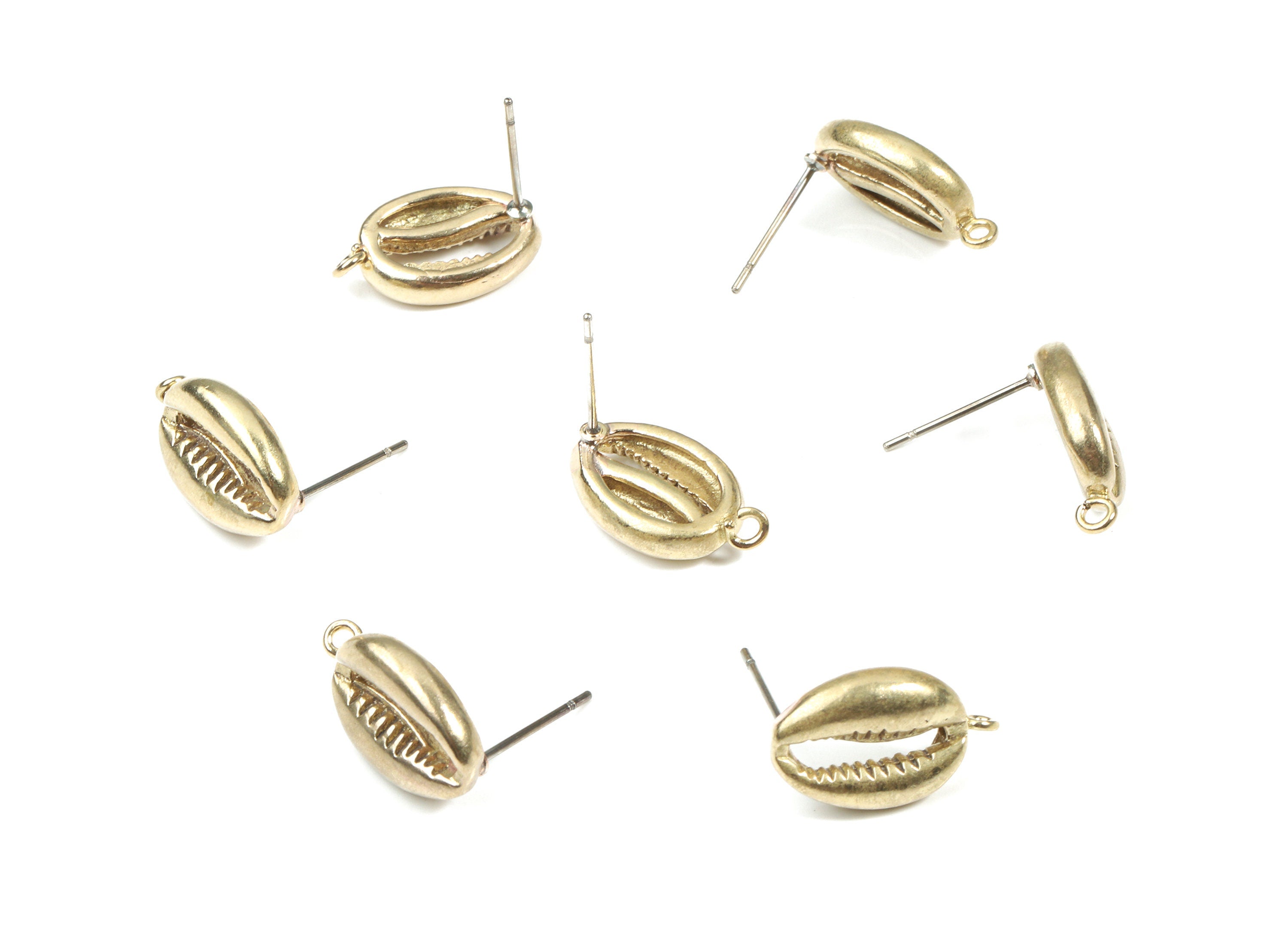 Brass Cowrie Seashell Earring Stud - Raw Brass Cut Open Seashells Earring Post - Surgical Steel - Jewelry Supplies - 19.4x10.1x3.5mm- PP3269 - DOMEDBAZAAR