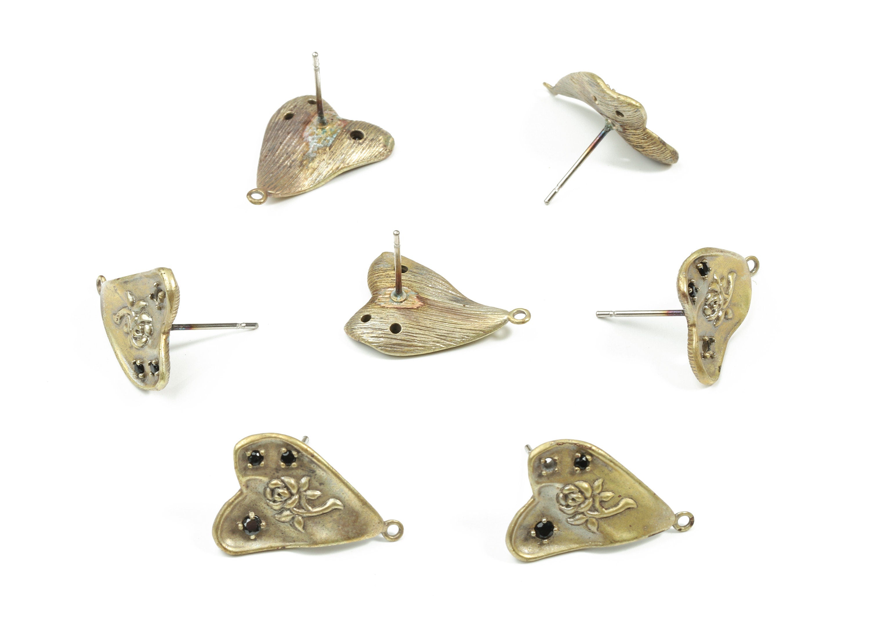 Brass Heart Earring Stud With Loop - Raw Brass Rose Heart Earring Post With Zircon - Surgical Stud - 19.26x14.61x1.55mm - PP3262 - DOMEDBAZAAR