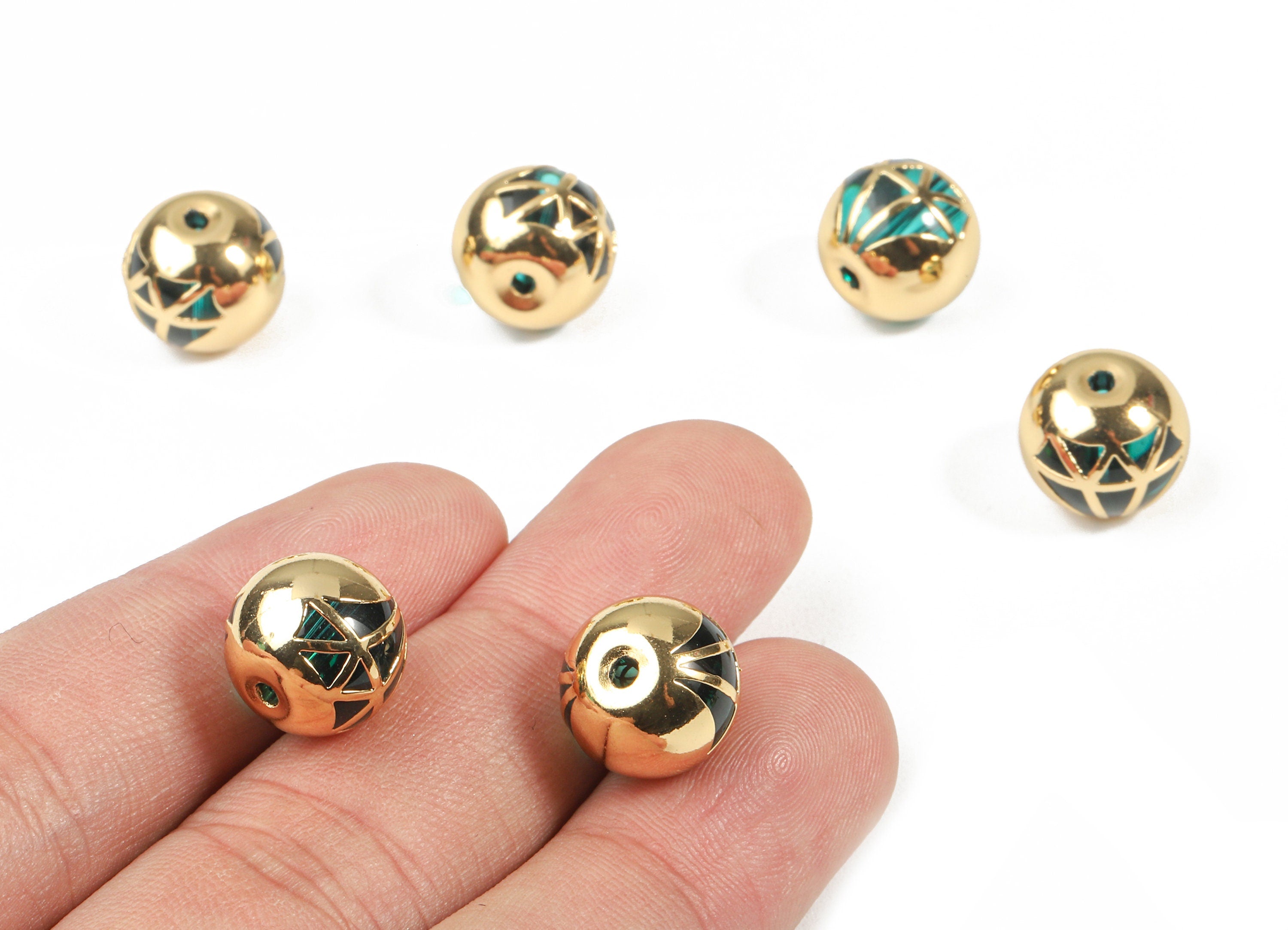 Glass Spacer Ball Beads - Copper And K9 Green Crystal Glass Diamond Beads - 18K Real Gold Plated Copper - 12.23x11.15mm - GS1012G - DOMEDBAZAAR