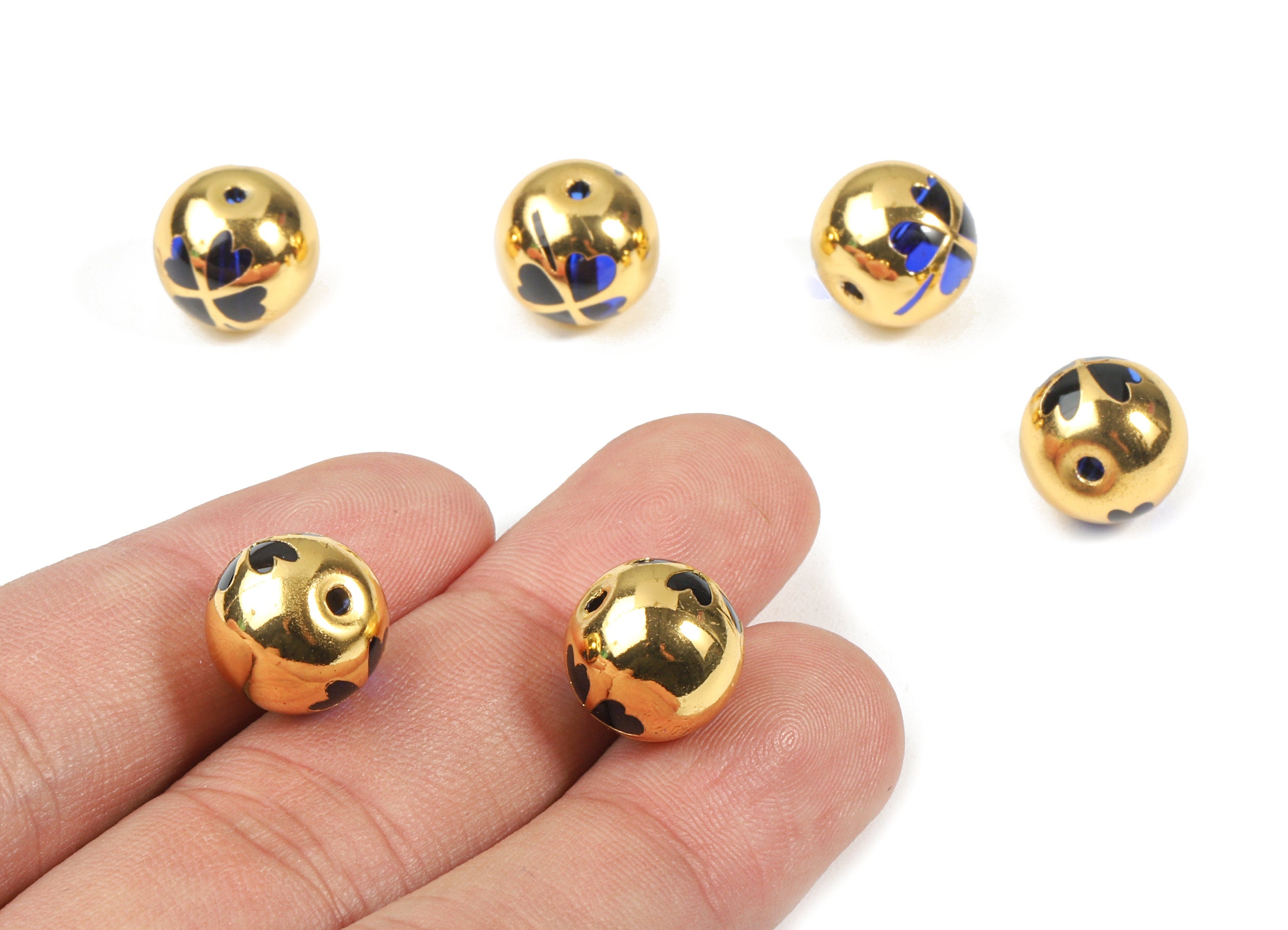 Glass Spacer Ball Beads - Copper And K9 Dark Blue Crystal Glass Flower Beads - 18K Real Gold Plated Copper - 12.23x11.15mm - GS1013G - DOMEDBAZAAR