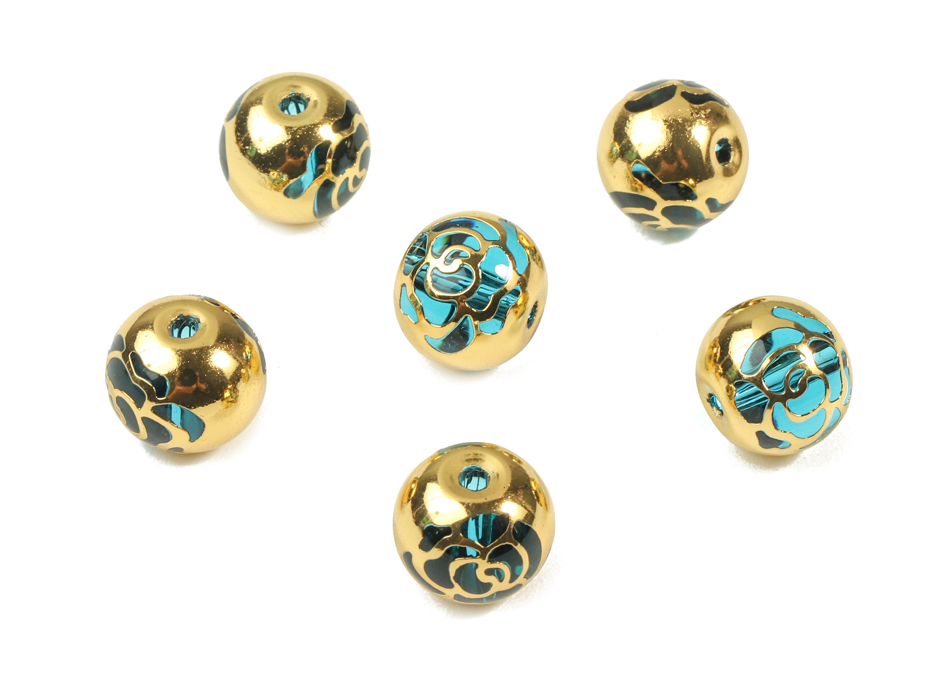 Glass Spacer Ball Beads - Copper And K9 Blue Crystal Glass Rose Beads - 18K Real Gold Plated Copper - 10.24x9.11mm  - GS1015G - DOMEDBAZAAR