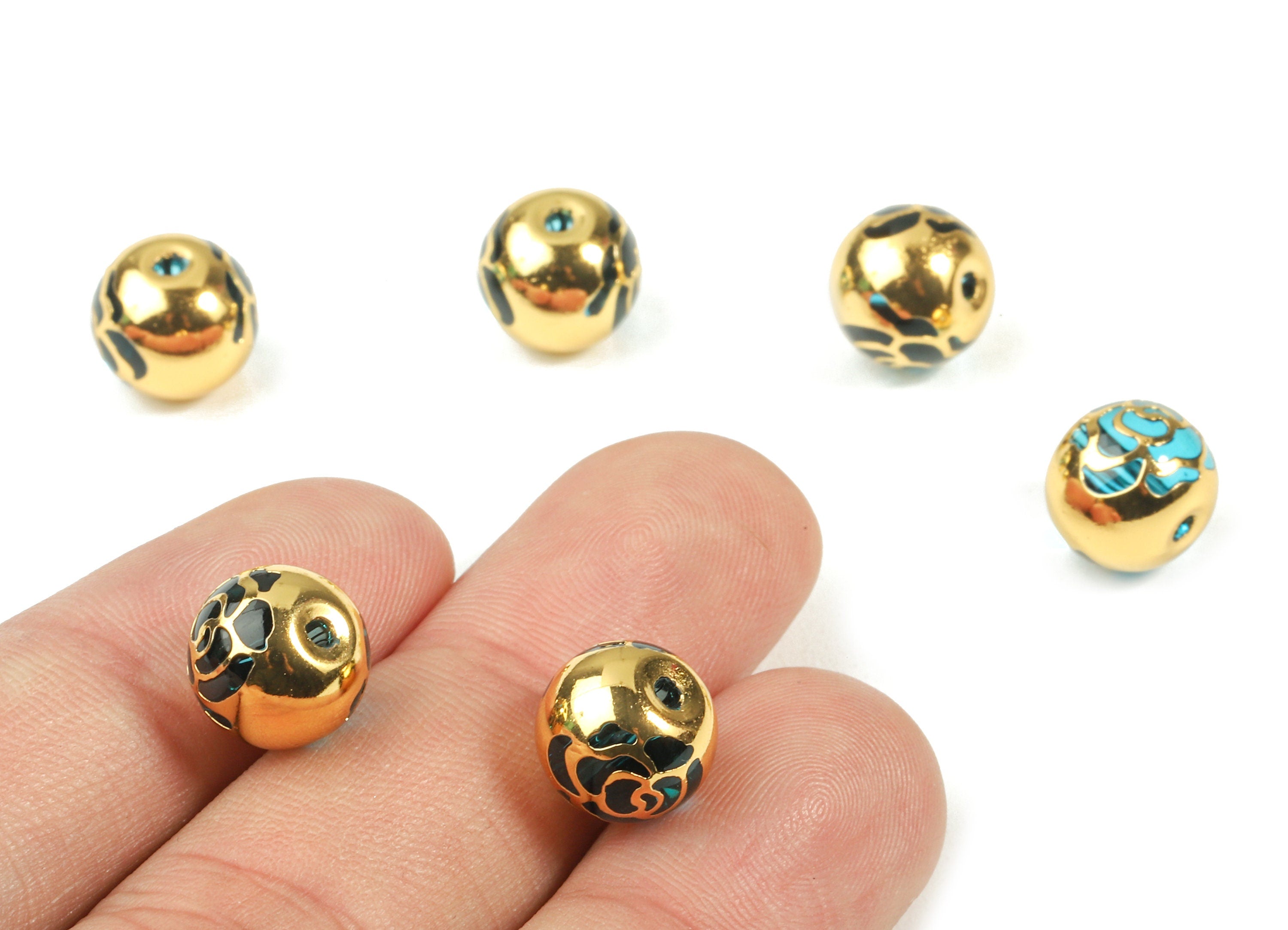 Glass Spacer Ball Beads - Copper And K9 Blue Crystal Glass Rose Beads - 18K Real Gold Plated Copper - 10.24x9.11mm  - GS1015G - DOMEDBAZAAR