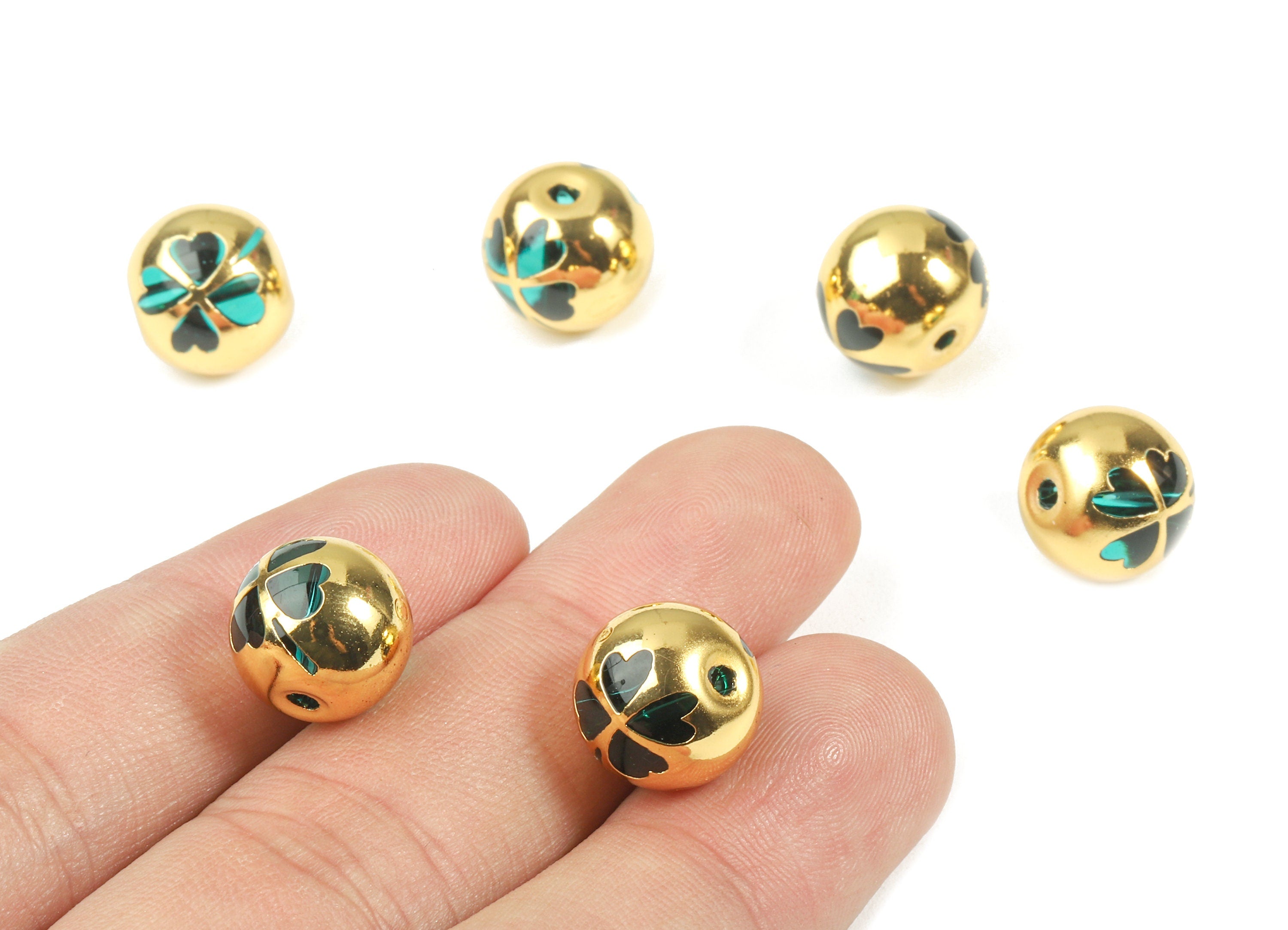 Glass Spacer Ball Beads - Copper And K9 Green Crystal Glass Flower Beads - 18K Real Gold Plated Copper - 12.23x11.15mm  - GS1017G - DOMEDBAZAAR