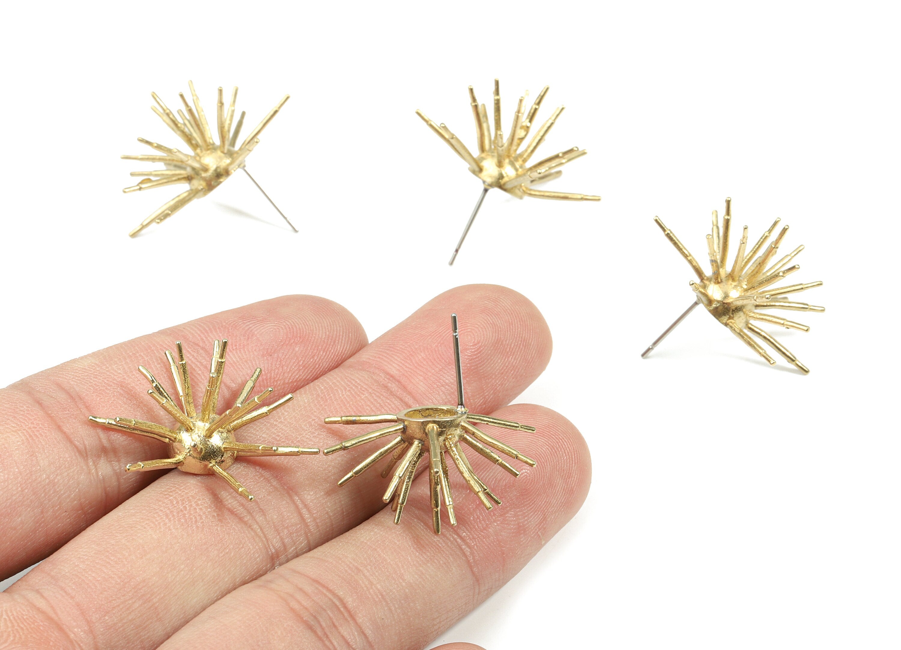 Brass Spikes Earring Stud - Raw Brass Porcupine Earring Post - Hedgehog Earring Post - Surgical Stud - 28.04x14.58x1.25mm - PP3306 - DOMEDBAZAAR