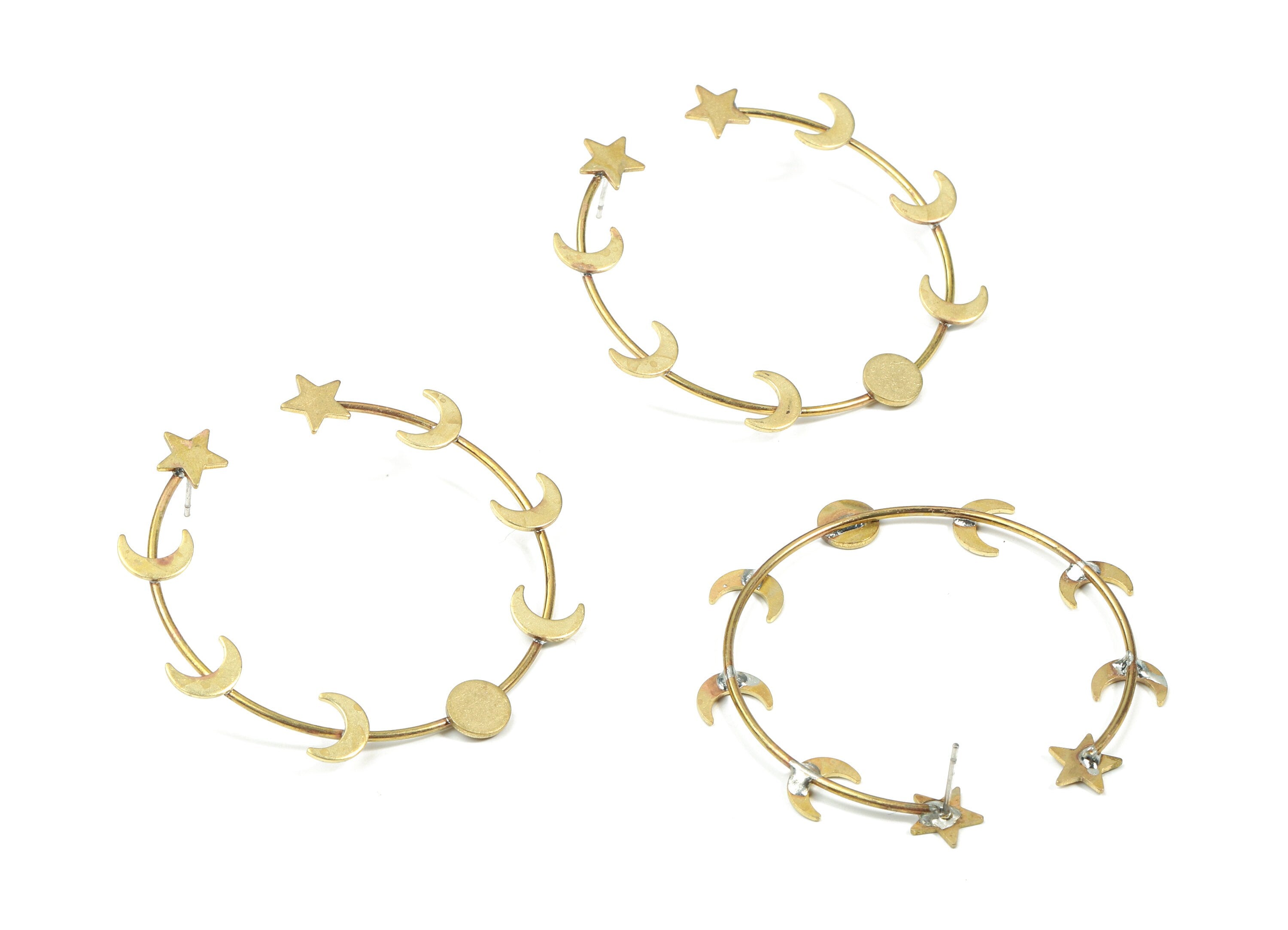 Brass Stars Hoop Stud Earring - Raw Brass Open Hoop Crescent Earring Post - Surgical Stud - Jewelry Supplies - 50.65x8.23x2.18mm - PP3315 - DOMEDBAZAAR