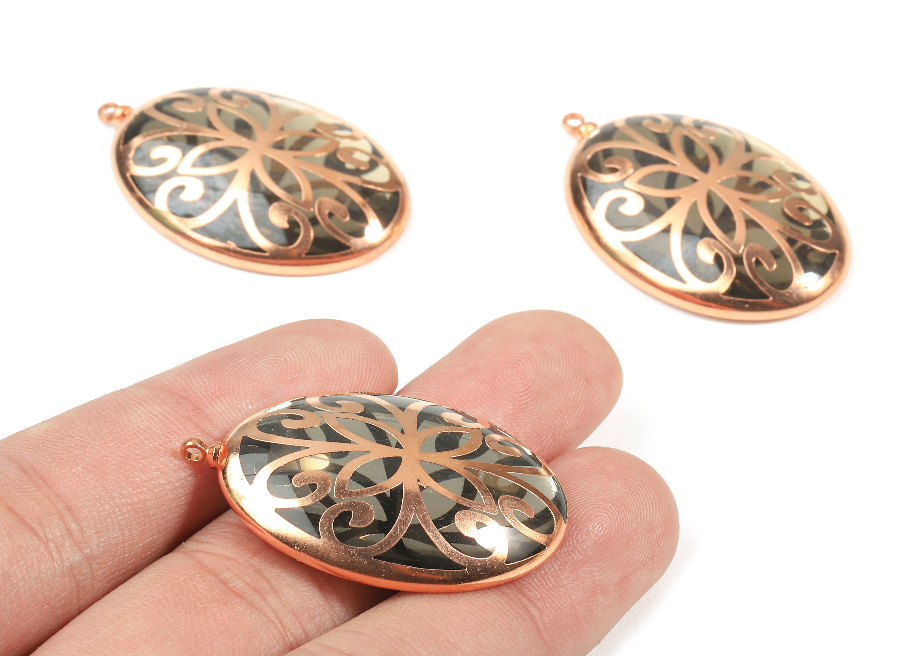 Glass Oval Charms - Copper Finished Glass Pendant - Copper And Glass Charms - Jewelry Supplies - 38.59x24.72x6.72mm - GS1021 - DOMEDBAZAAR