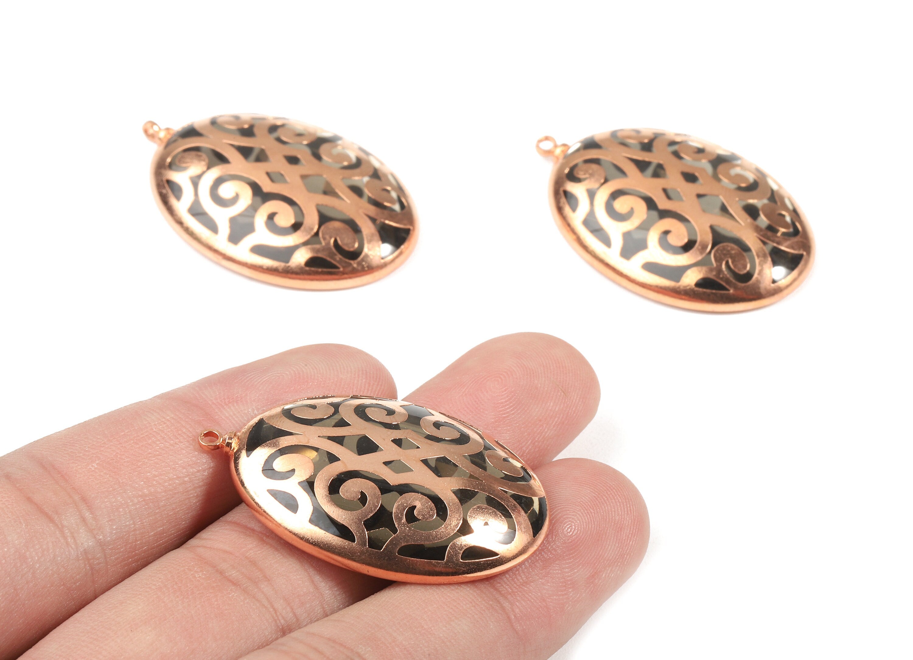 Glass Oval Charms - Copper Finished Glass Pendant - Copper And Glass Charms - Jewelry Supplies - 38.59x24.72x6.72mm - GS1024 - DOMEDBAZAAR
