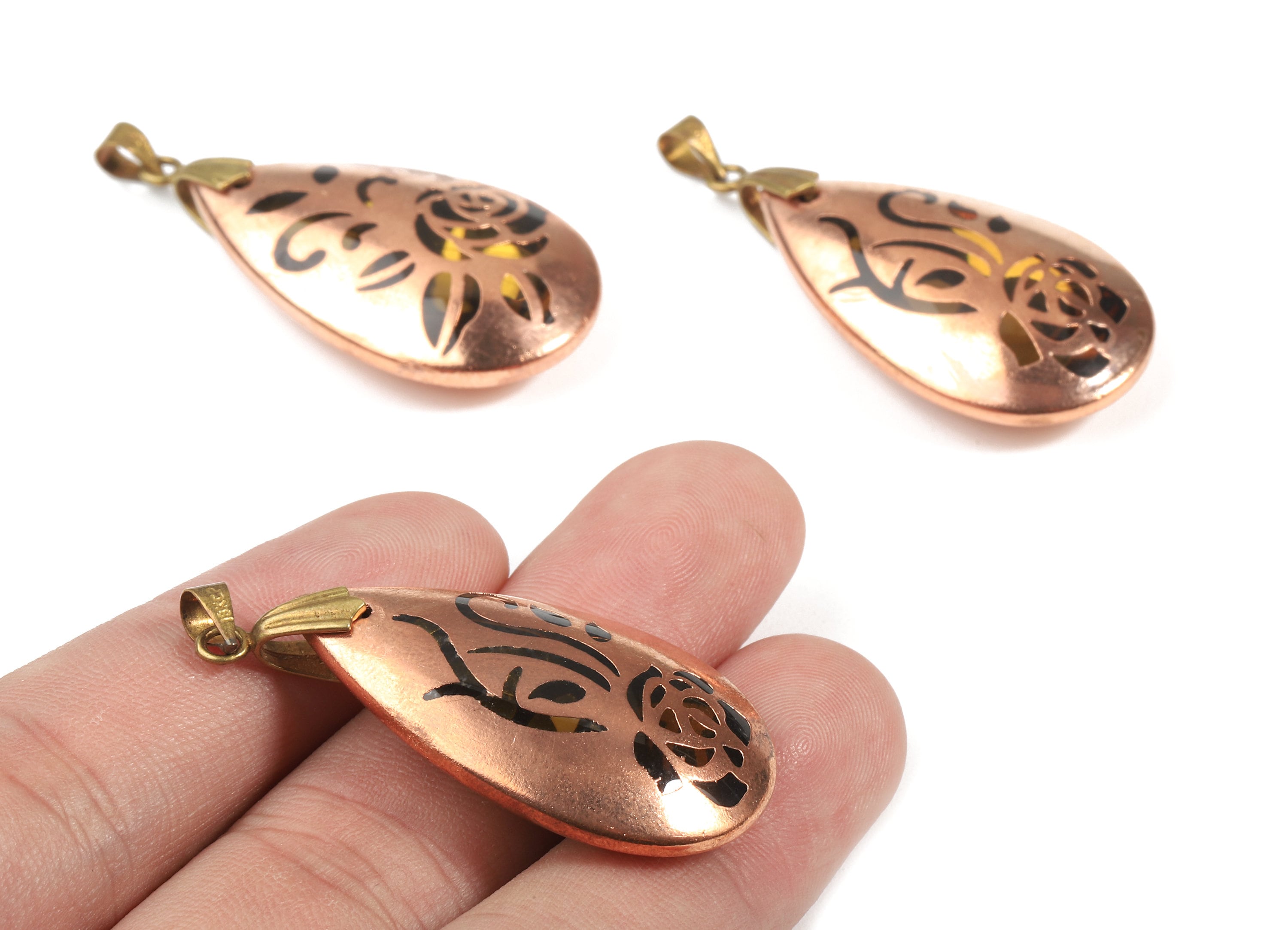 Glass Drop Charms - Copper Finished Glass Rose Pendant - Copper And Glass Charms - Jewelry Supplies - 47.16 x20.96x8.98mm - GS1026 - DOMEDBAZAAR
